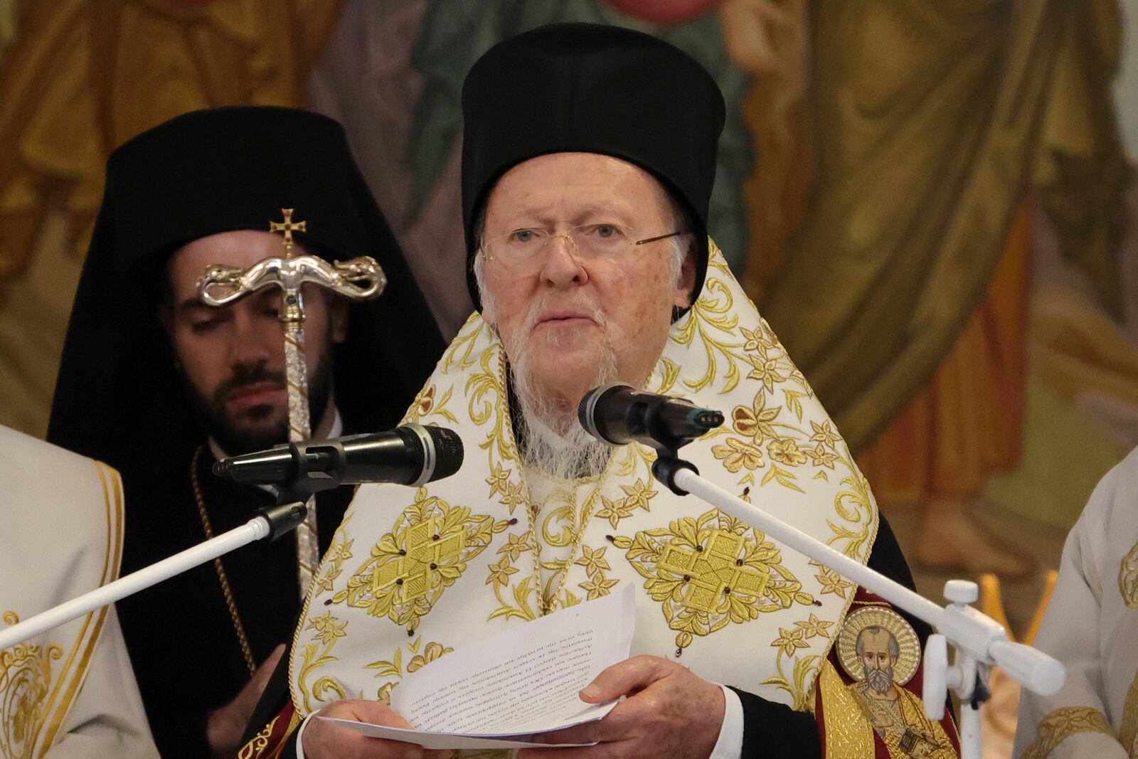 Ecumenical Patriarch Bartholomew I, the spiritual leader of the world's Orthodox Christians, speaks during the funeral of the late Archbishop Anastasios of Tirana, Durres and All Albania, at the Cathedral of the Resurrection of Christ, in Tirana, Albania, Thursday, Jan. 30, 2025. (AP Photo/Vlasov Sulaj)