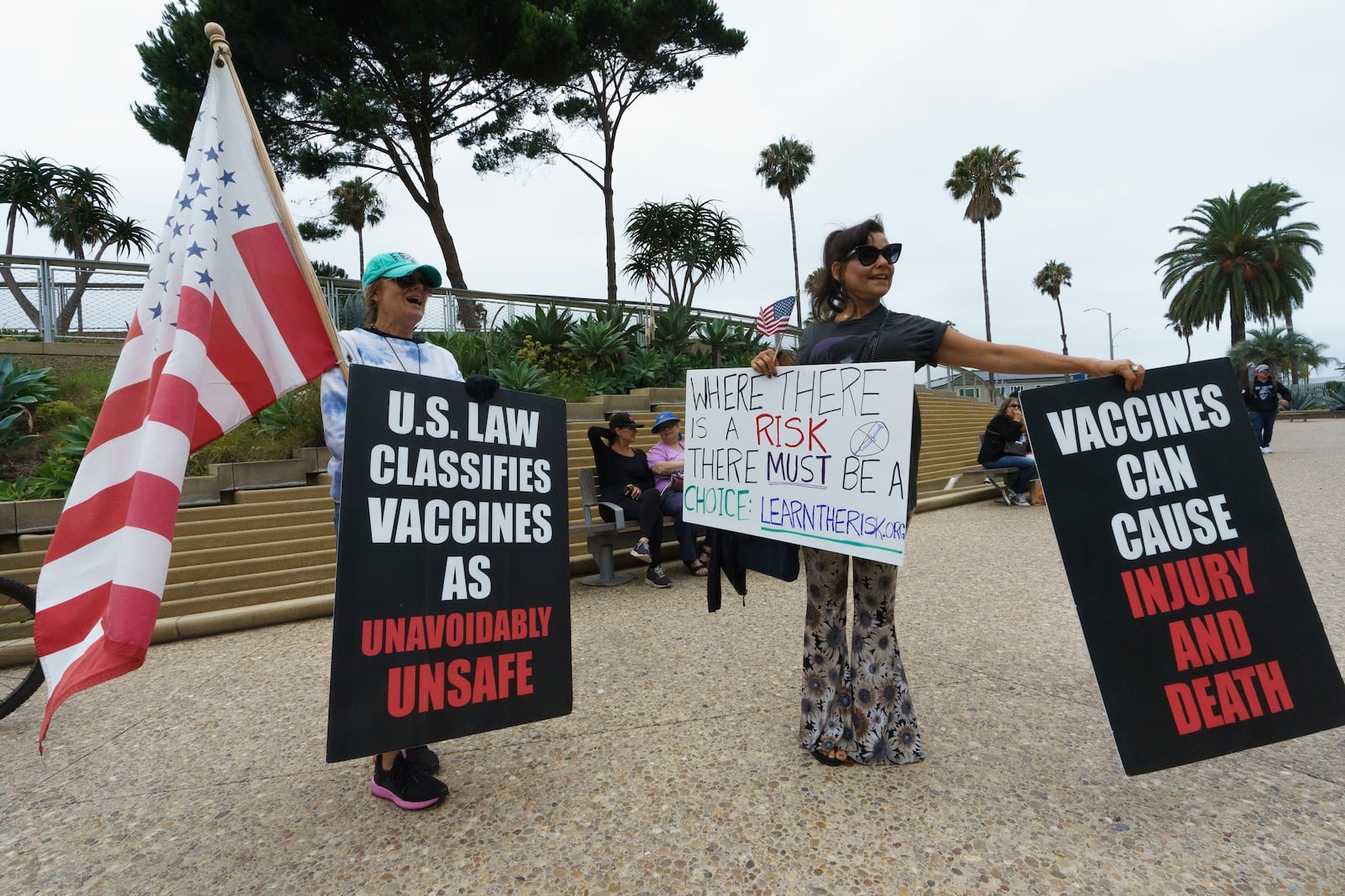 FILE - People hold signs against vaccine passports as they participate at the "S.O.S California No Vaccine Passport Rally" at Tongva Park in Santa Monica, Calif., Saturday, Aug. 21, 2021. (AP Photo/Damian Dovarganes, File)