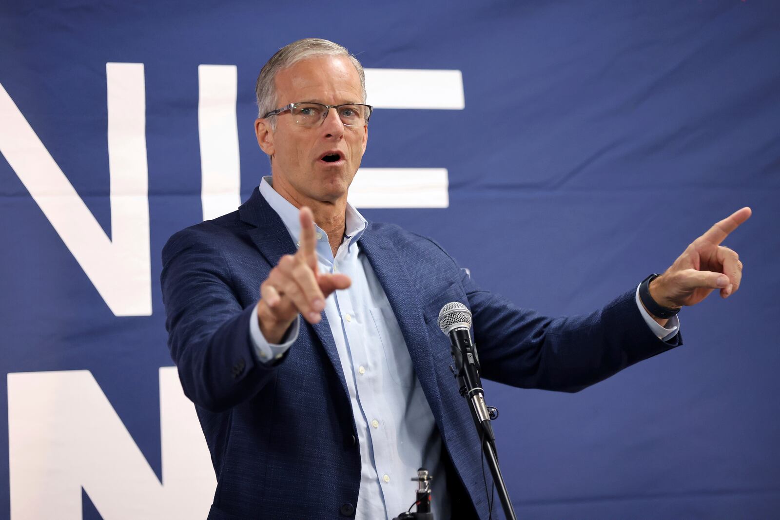 Sen. John Thune of South Dakota, speaks in support of Ohio Republican candidate for the United States Senate, Bernie Moreno (not pictured) during a bus tour stop for the Ohio Senate race in Columbus, Ohio, Monday, Oct. 28, 2024. (AP Photo/Joe Maiorana)