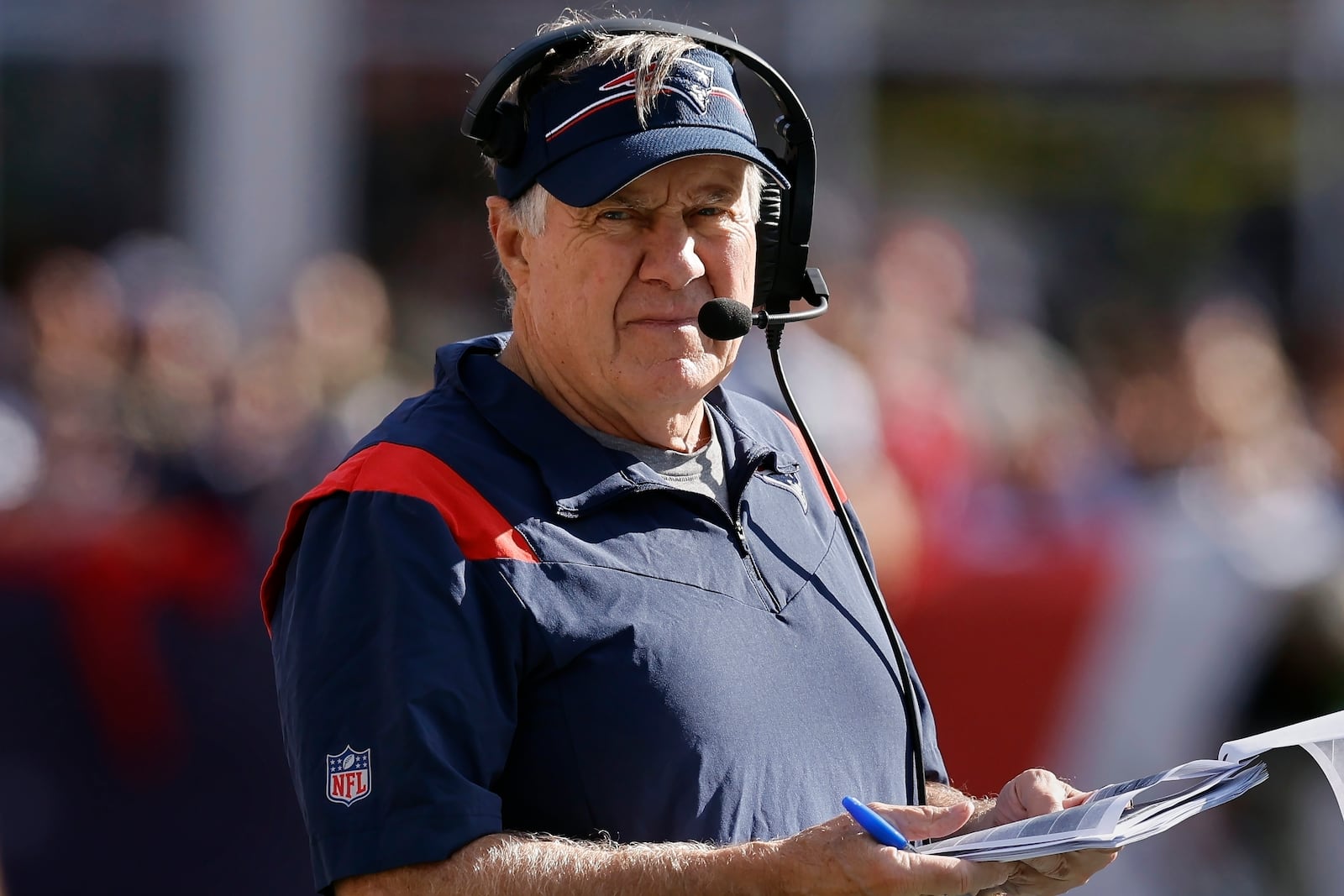 FILE - Then-New England Patriots head coach Bill Belichick during the second half of an NFL football game against the New Orleans Saints, Sunday, Oct. 8, 2023, in Foxborough, Mass. (AP Photo/Michael Dwyer, File)