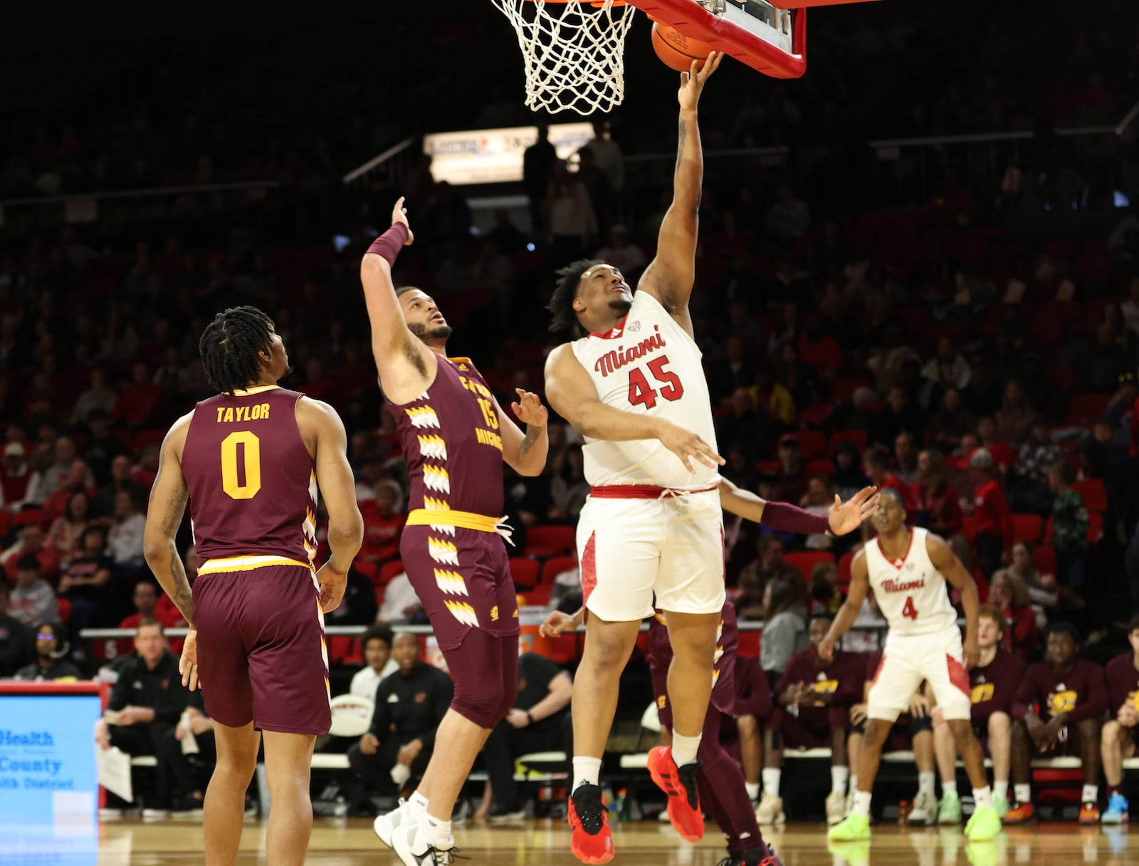 Miami's Anderson Mirambeaux scores inside during Saturday's game vs. Central Michigan at Millett Hall. Jeff Sabo/Miami Athletics