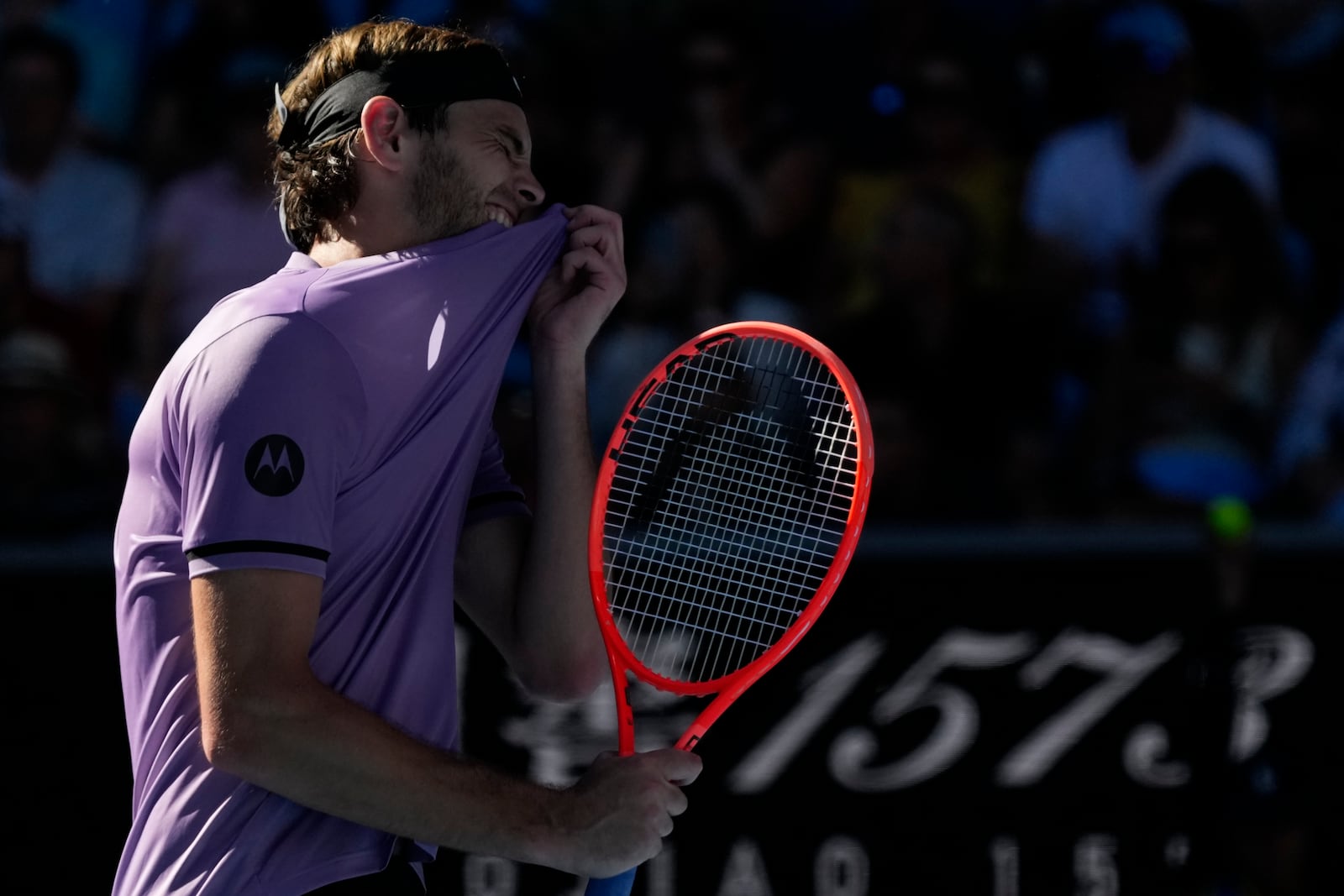 Taylor Fritz of the U.S. reacts during his third Rond match against Gael Monfils of France at the Australian Open tennis championship in Melbourne, Australia, Saturday, Jan. 18, 2025. (AP Photo/Manish Swarup)