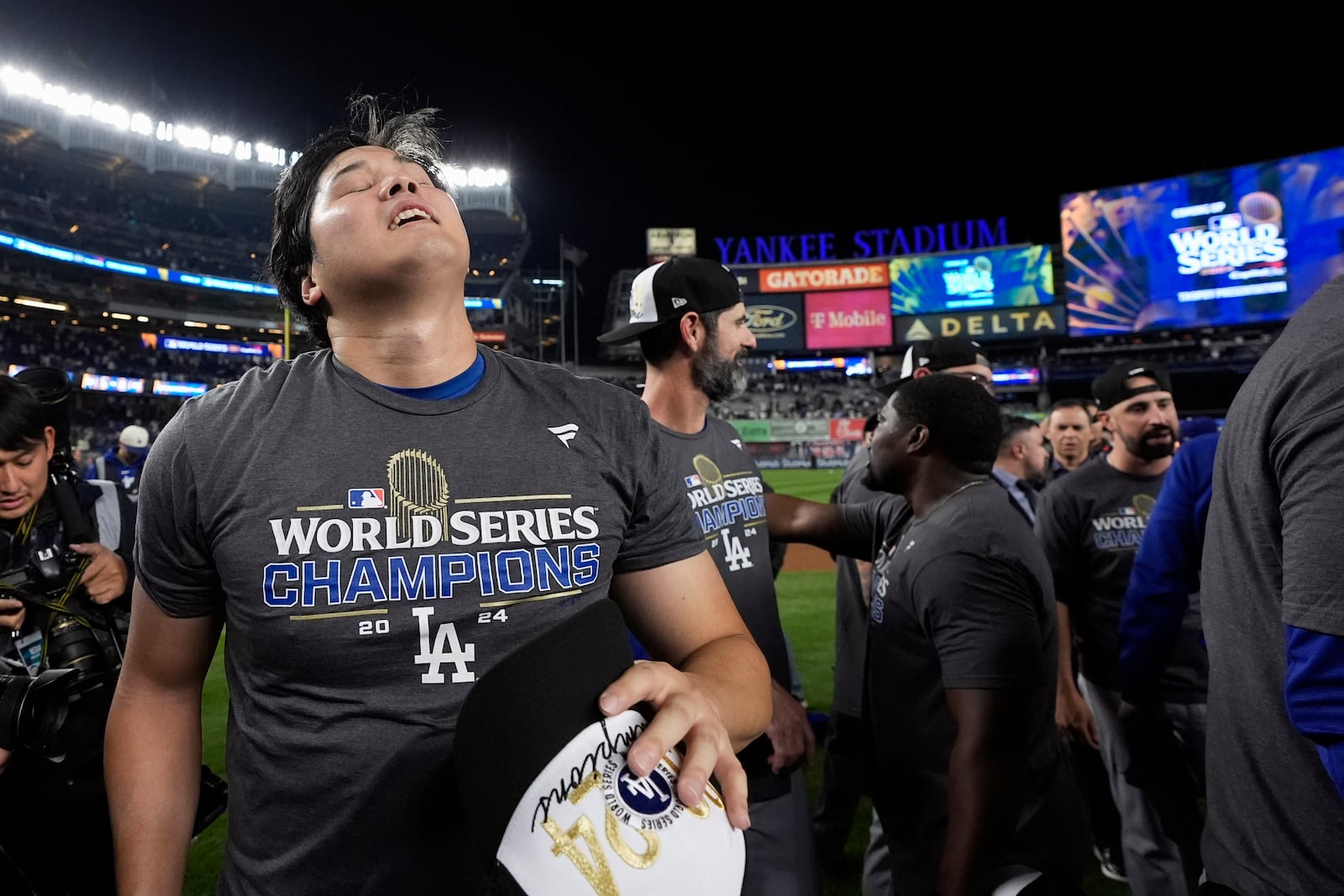 Los Angeles Dodgers' Shohei Ohtani celebrates after the Dodgers beat the New York Yankees in Game 5 to win the baseball World Series, Wednesday, Oct. 30, 2024, in New York. (AP Photo/Godofredo A. Vásquez)