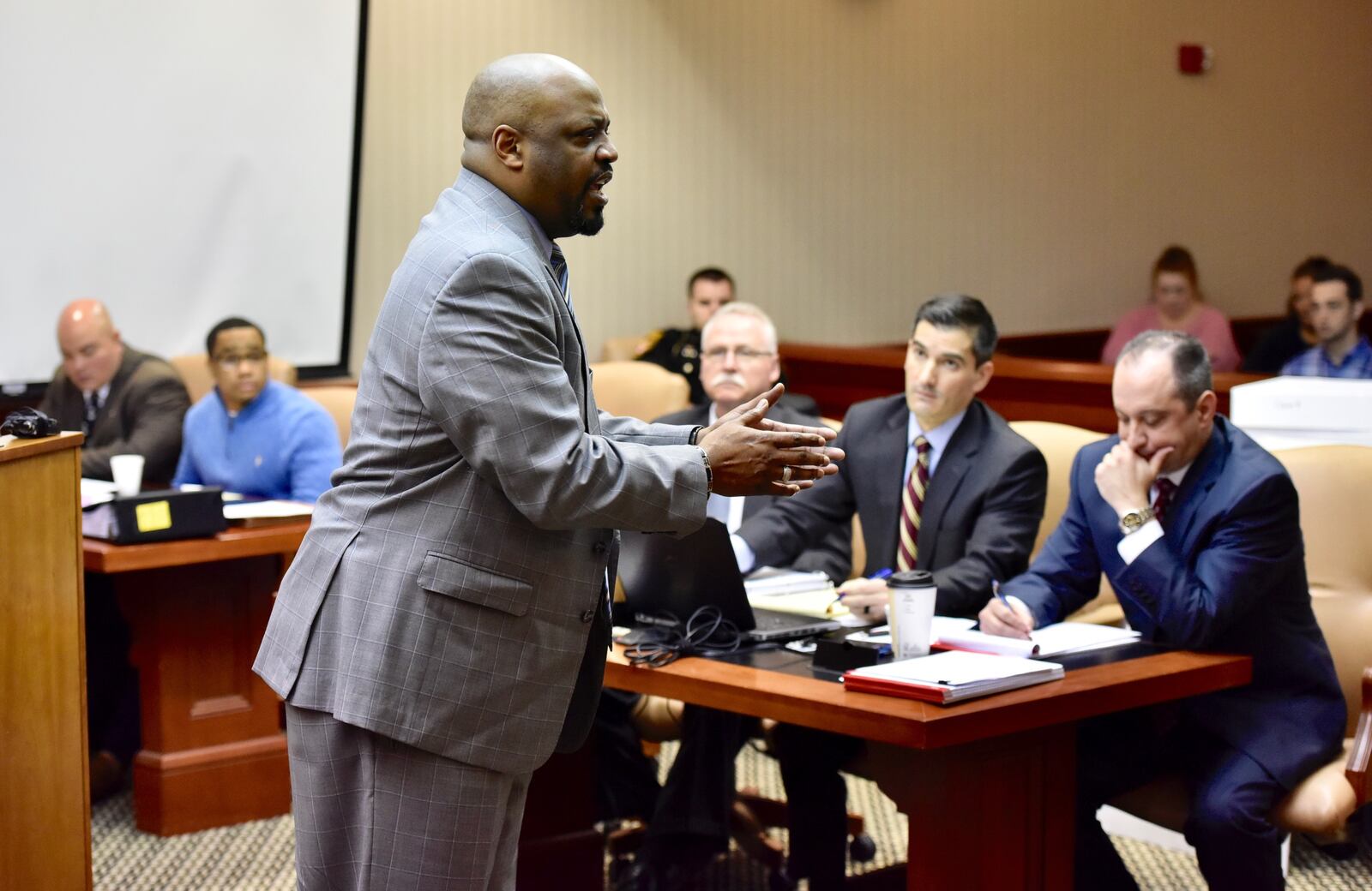 Defense attorney David Washington delivers his opening statements to the jury in the Michael Grevious II death penalty trial. NICK GRAHAM/STAFF