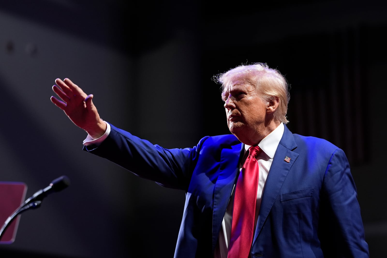 Republican presidential nominee former President Donald Trump gestures after speaking at a campaign event at the Indiana University of Pennsylvania Ed Fry Arena, Monday, Sept. 23, 2024, in Indiana, Pa. (AP Photo/Alex Brandon)