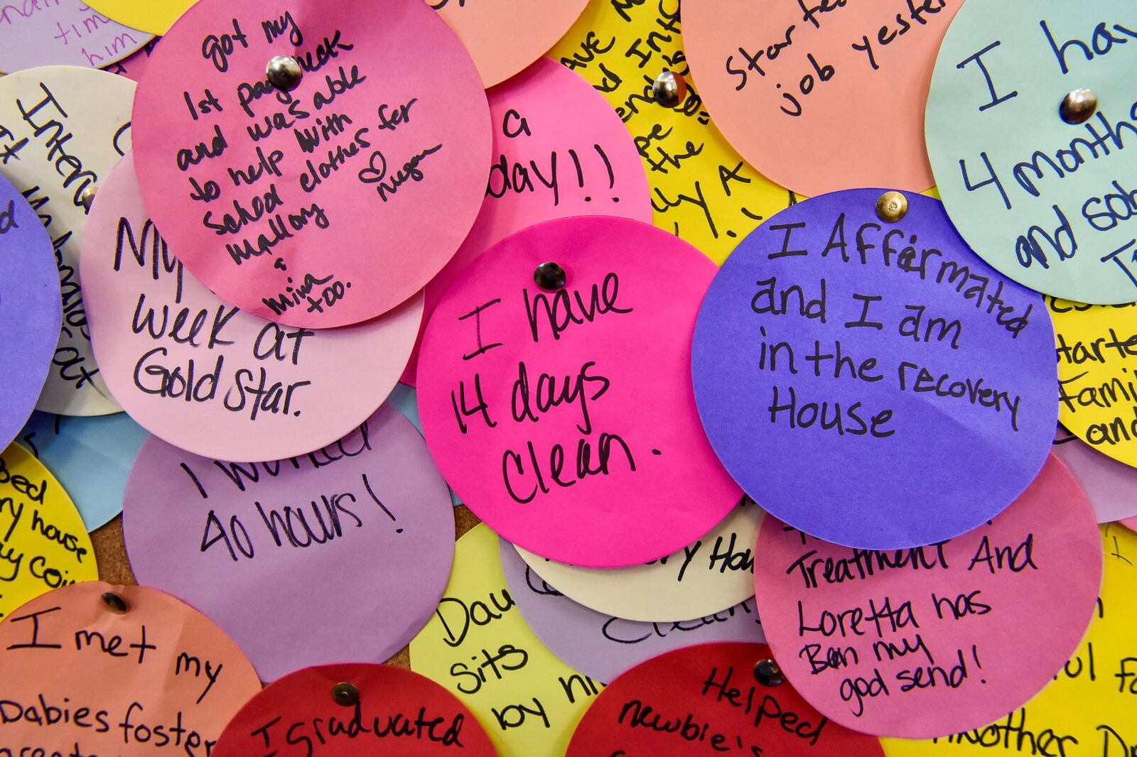 Notes from participants in the Butler County Juvenile Court Family Treatment Drug Court Program are on display in the courtroom.