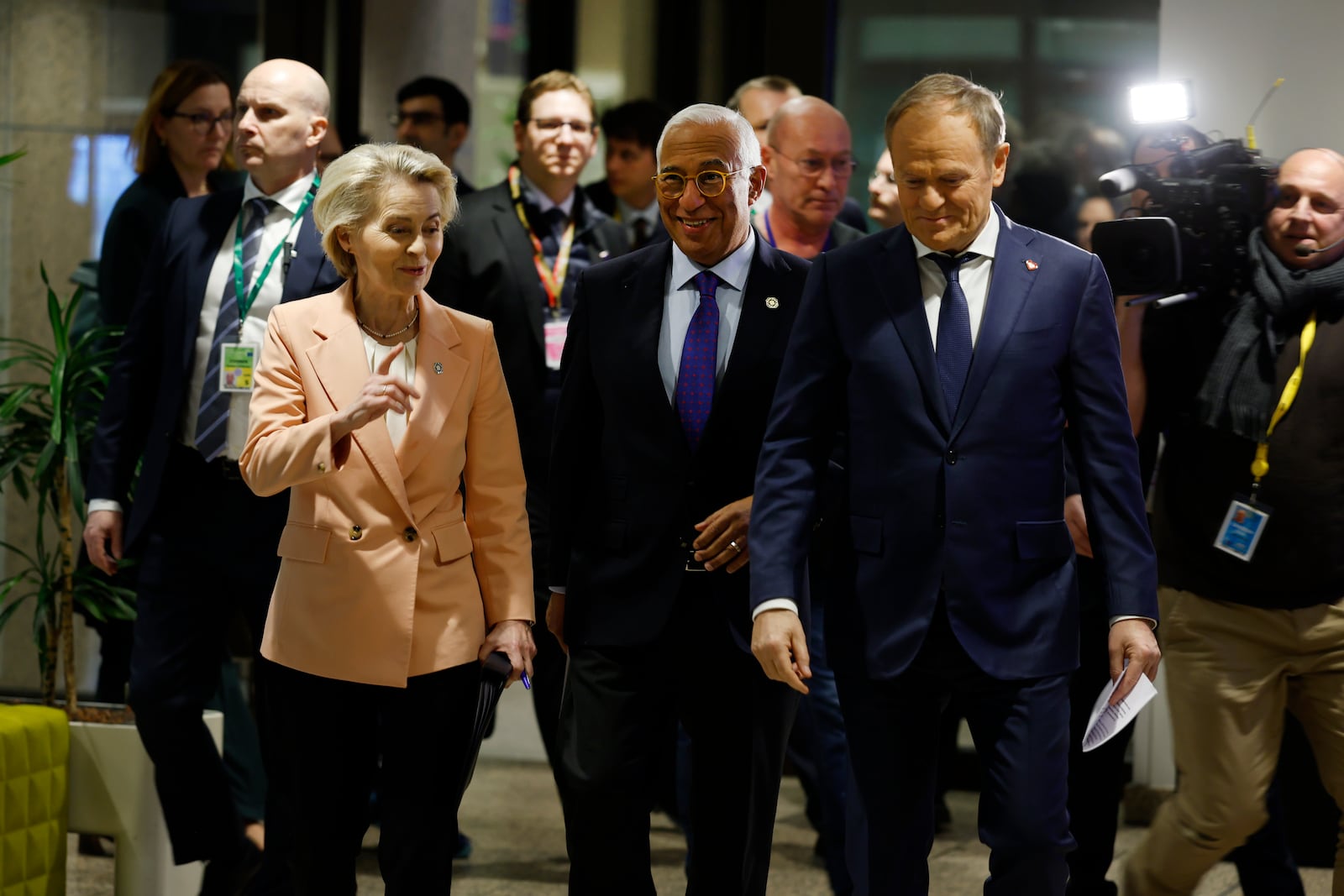 European Commission President Ursula von der Leyen, left, European Council President Antonio Costa, center, and Poland's Prime Minister Donald Tusk arrive at the European Council building after an EU summit in Brussels, Monday, Feb. 3, 2025. (AP Photo/Omar Havana)