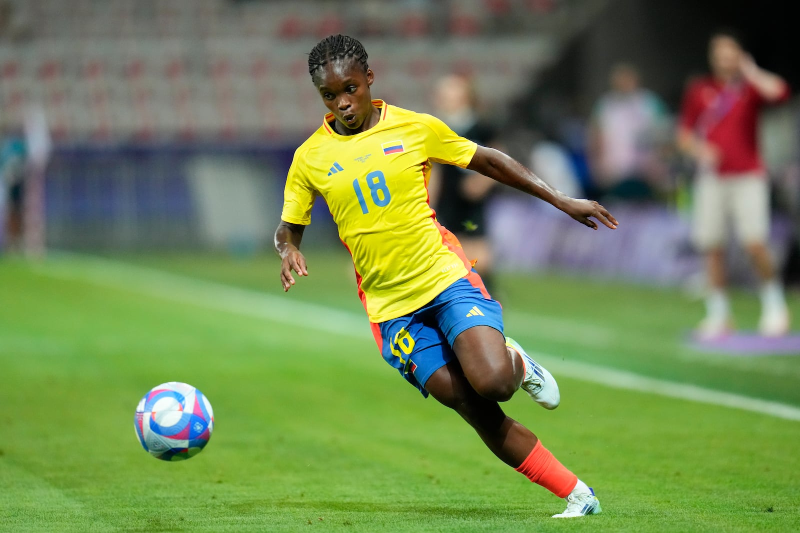 FILE - Colombia's Linda Caicedo participates during a women's Group A soccer match between Colombia and Canada at the 2024 Summer Olympics, Wednesday, July 31, 2024, at Nice Stadium in Nice, France. (AP Photo/Julio Cortez, File)