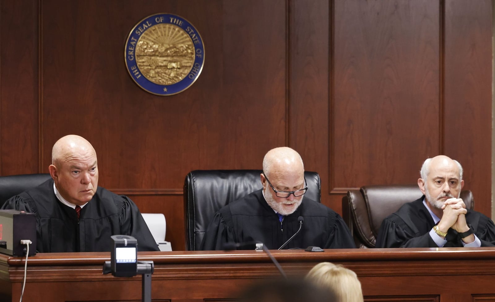 A 3-judge panel of Butler County judges Keith Spaeth, left, Gregory Howard, center, and Greg S. Stephens sentence Gurpreet Singh to death Tuesday, May 14, 2024 in Butler County Common Pleas Court in Hamilton. Gurpreet Singh was found guilty on all counts in for killing 4 members of his family in 2019 in West Chester Township. NICK GRAHAM/STAFF