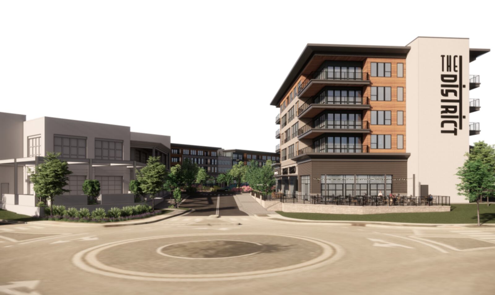 A rendering shows the planned $150-million District at Deerfield that will include the first two suburban locations of the popular Over-The-Rhine restaurants Bakersfield and The Eagle. It will also have Fifty West Brewing Co., Pins Mechanical Co., retail spaces, a 120-unit high-end boutique apartment community and a public square operated by the township. CONTRIBUTED RENDERING