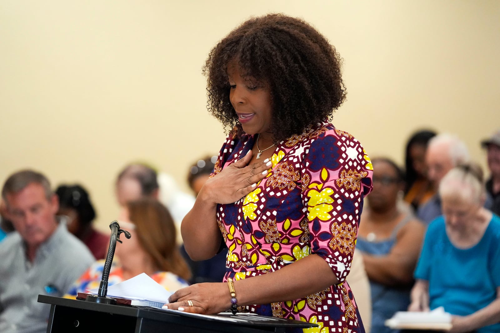 Kimbrelle Eugene Kyereh speaks at a public hearing on the St. Charles Clean Fuels' coastal use permit application, Thursday, Aug. 22, 2024, in Destrehan, La. (AP Photo/Gerald Herbert)