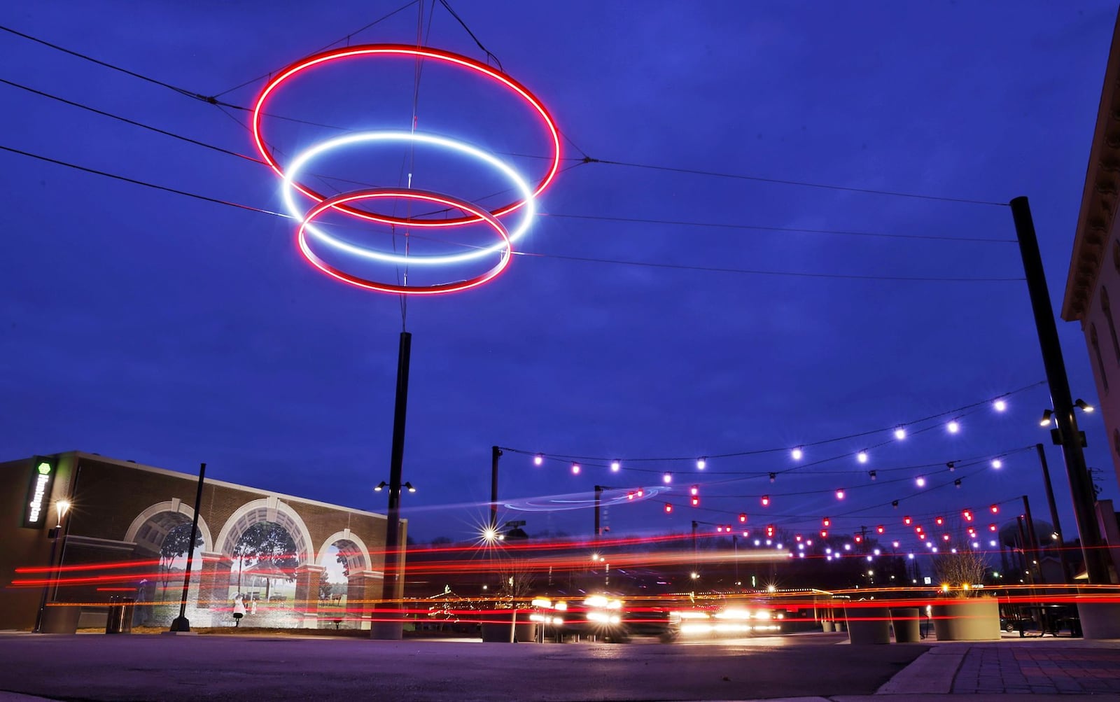 Recently installed decorative lights illuminate the intersection of South Main Street and East Fourth Street Dec. 11 in Franklin. Franklin finished a $13.4 million Main Street streetscape project. The work included making Main Street a two-way thoroughfare. NICK GRAHAM/STAFF