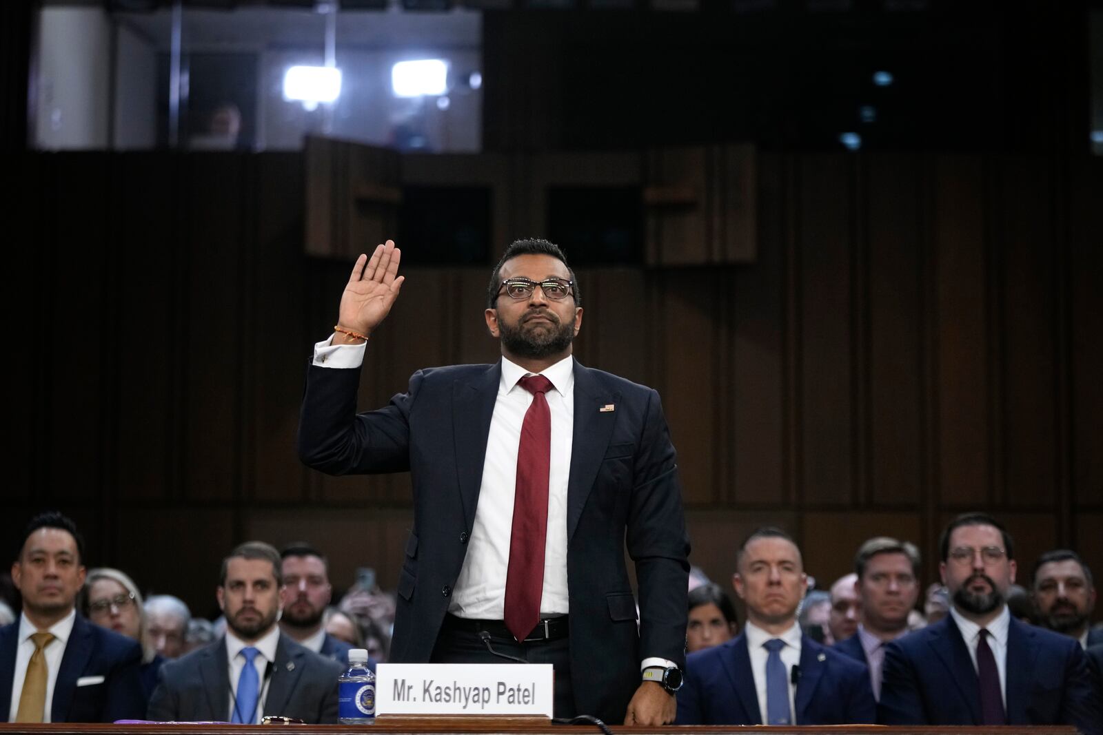 Kash Patel, President Donald Trump's choice to be director of the FBI, is sworn in before the Senate Judiciary Committee for his confirmation hearing, at the Capitol in Washington, Thursday, Jan. 30, 2025. (AP Photo/Ben Curtis)