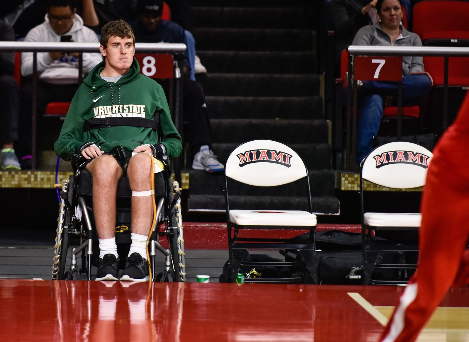 Ryan Custer, the Wright State University basketball player injured after an accident at a party in Oxford, returns to Oxford as Wright State plays Miami University on Tuesday, Nov. 14. The Miami University Redhawks basketball team defeated the Wright State Raiders 73-67 in overtime at Millett Hall on the Miami campus in Oxford. NICK GRAHAM/STAFF