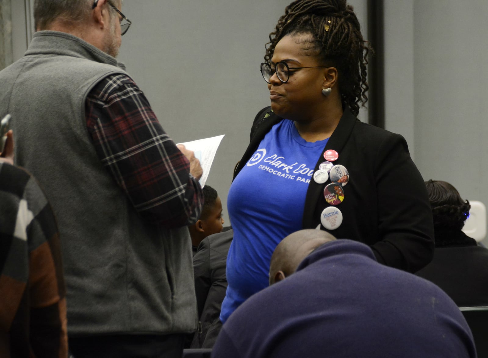 More than 100 people participated in the 8th Congressional District delegate caucuses for four of the Democratic Party’s presidential candidates on Tuesday, Jan. 7, 2019 in the Wilks Center at Miami University Regionals Campus in Hamilton. Four pledged delegates, two men and two women, were elected to represent each candidate, but which delegates will travel to the Democratic National Convention in July in Milwaukee, Wisc. won’t be known until after the March 17 primary. Ohio will have 89 congressional district-level delegates, 47 other types of pledged delegates and 17 superdelegates. MICHAEL D. PITMAN/STAFF