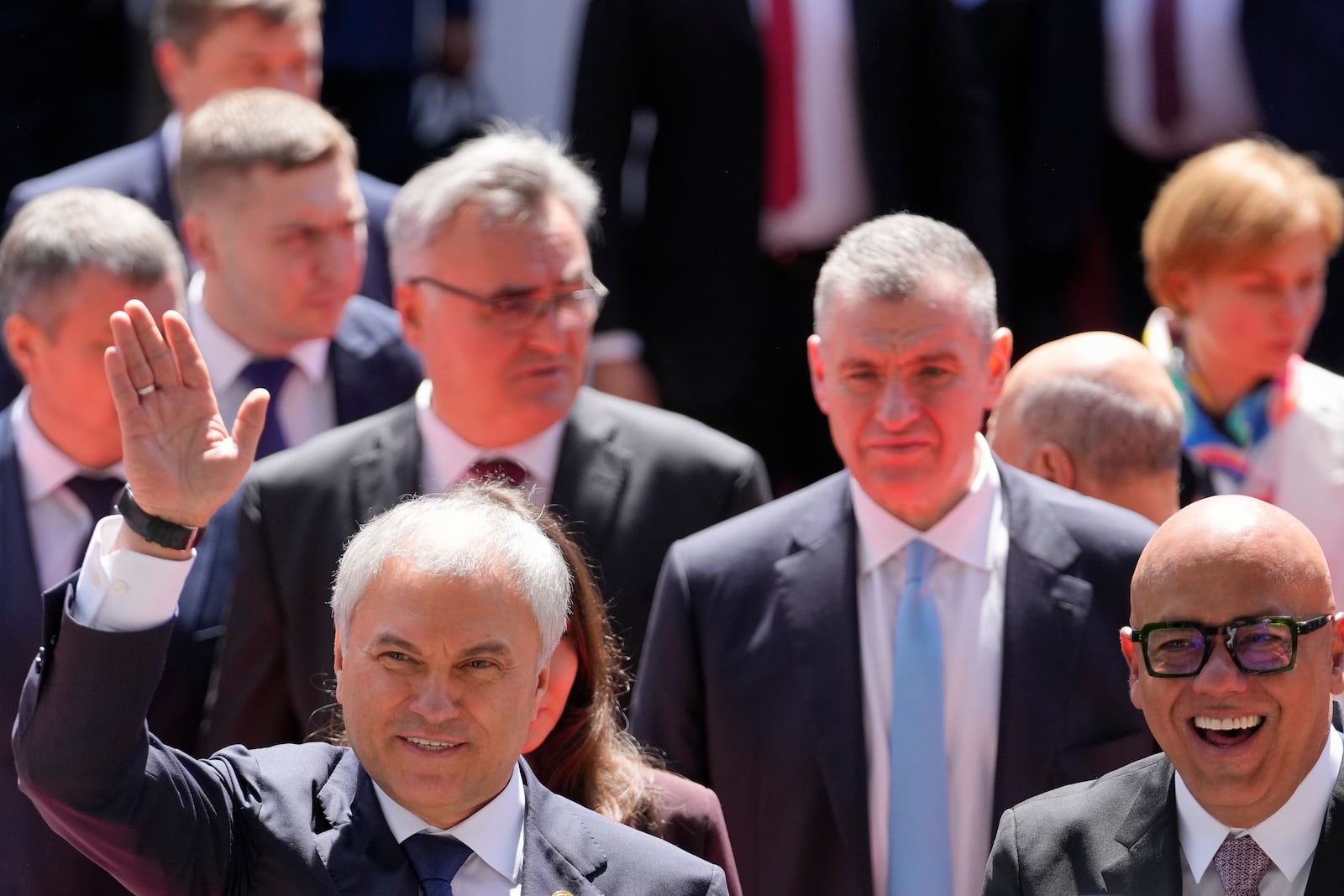 Russia's Chairman of the State Duma Vyacheslav Volodin, left, and Venezuelan National Assembly President Jorge Rodriguez walk together after attending the swearing-in ceremony of President Nicolas Maduro for a third term at the National Assembly in Caracas, Venezuela, Friday, Jan. 10, 2025. (AP Photo/Matias Delacroix)