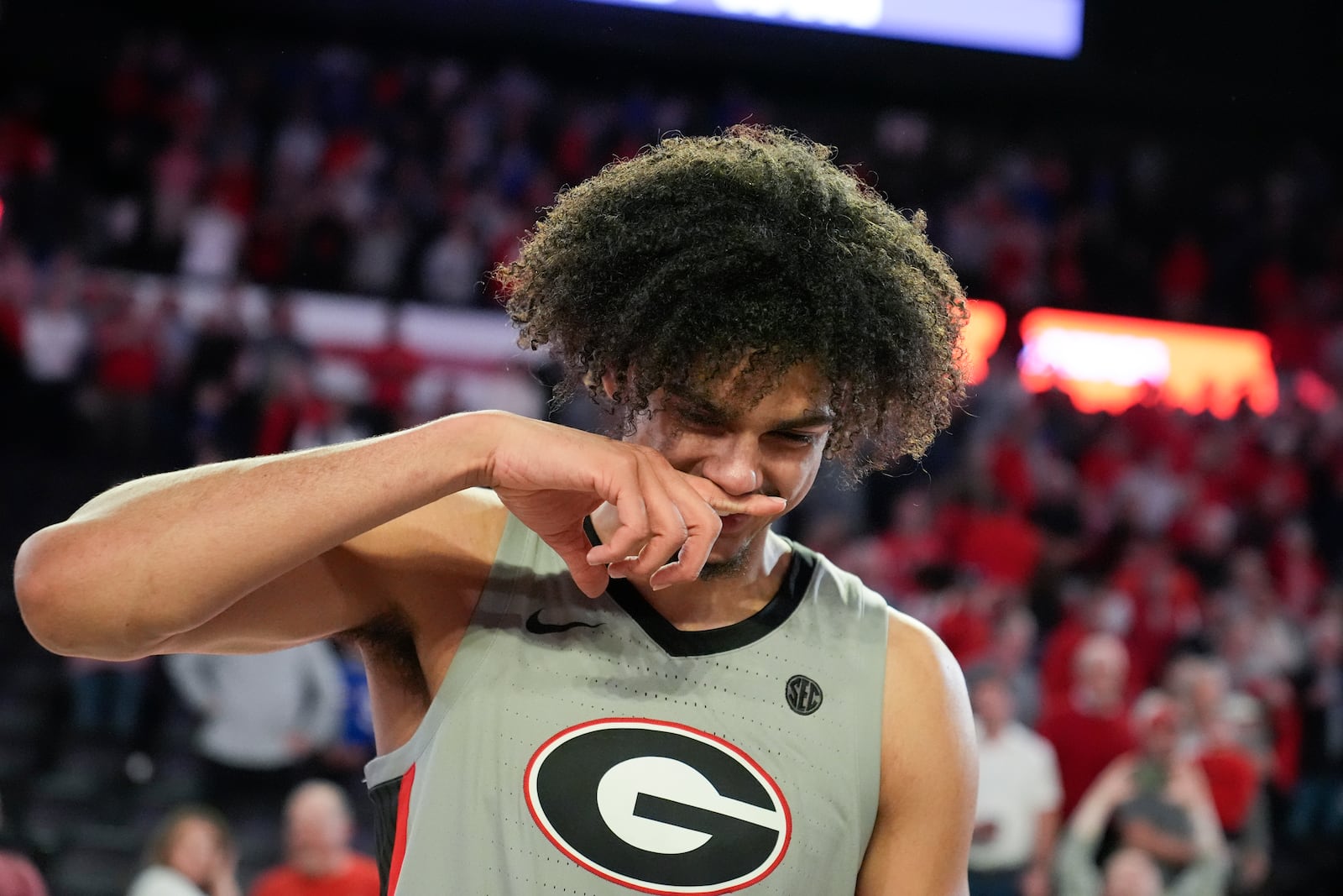 Georgia forward Asa Newell (14) celebrates a win after an NCAA college basketball game against Florida, Tuesday, Feb. 25, 2025, in Athens, Ga. (AP Photo/Brynn Anderson)