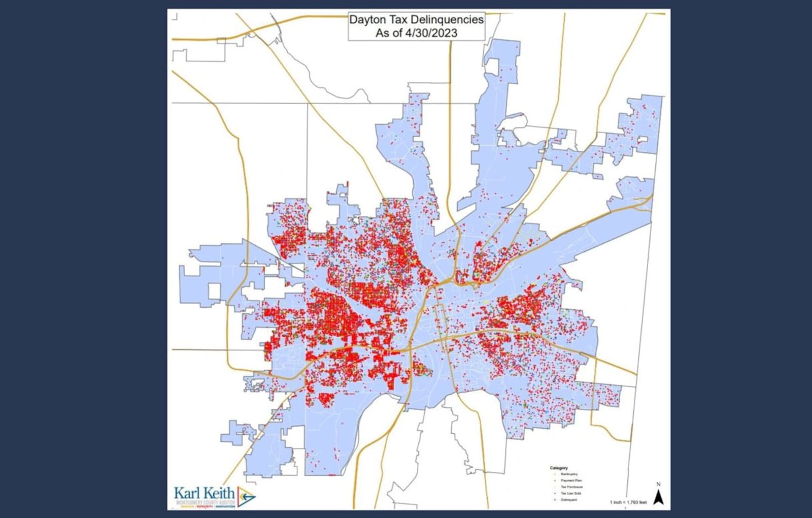 A map showing tax-delinquent properties in Dayton. CONTRIBUTED