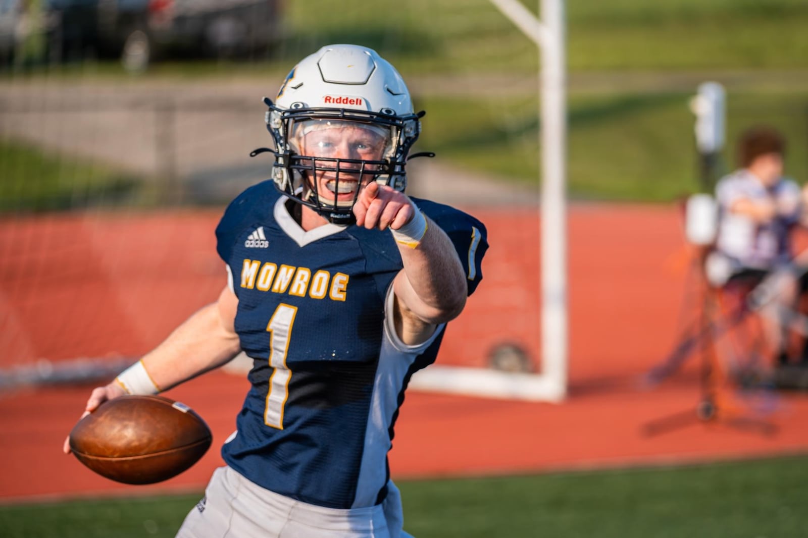 Monroe's Ryan Miles celebrates after scoring a touchdown against Talawanda this past season. AJ Fullam/CONTRIBUTED