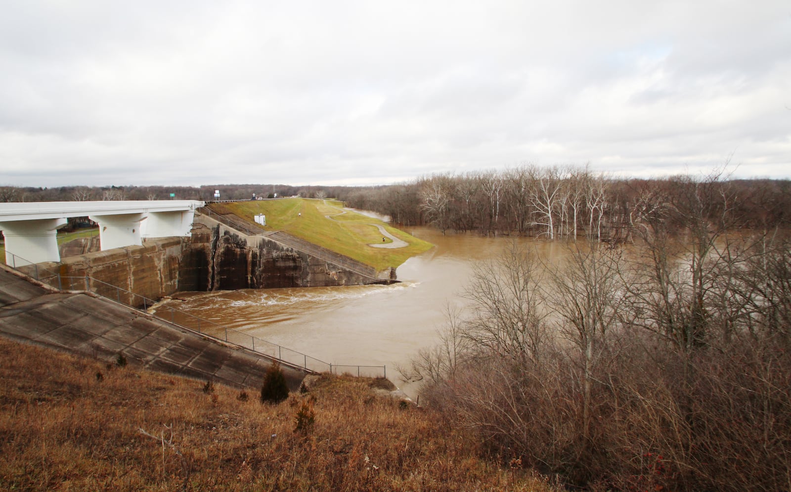 Taylorsville Dam holds back water in December 2013, during one of the largest water storage events in the history of the dam system. MIAMI CONSERVANCY DISTRICT PHOTO