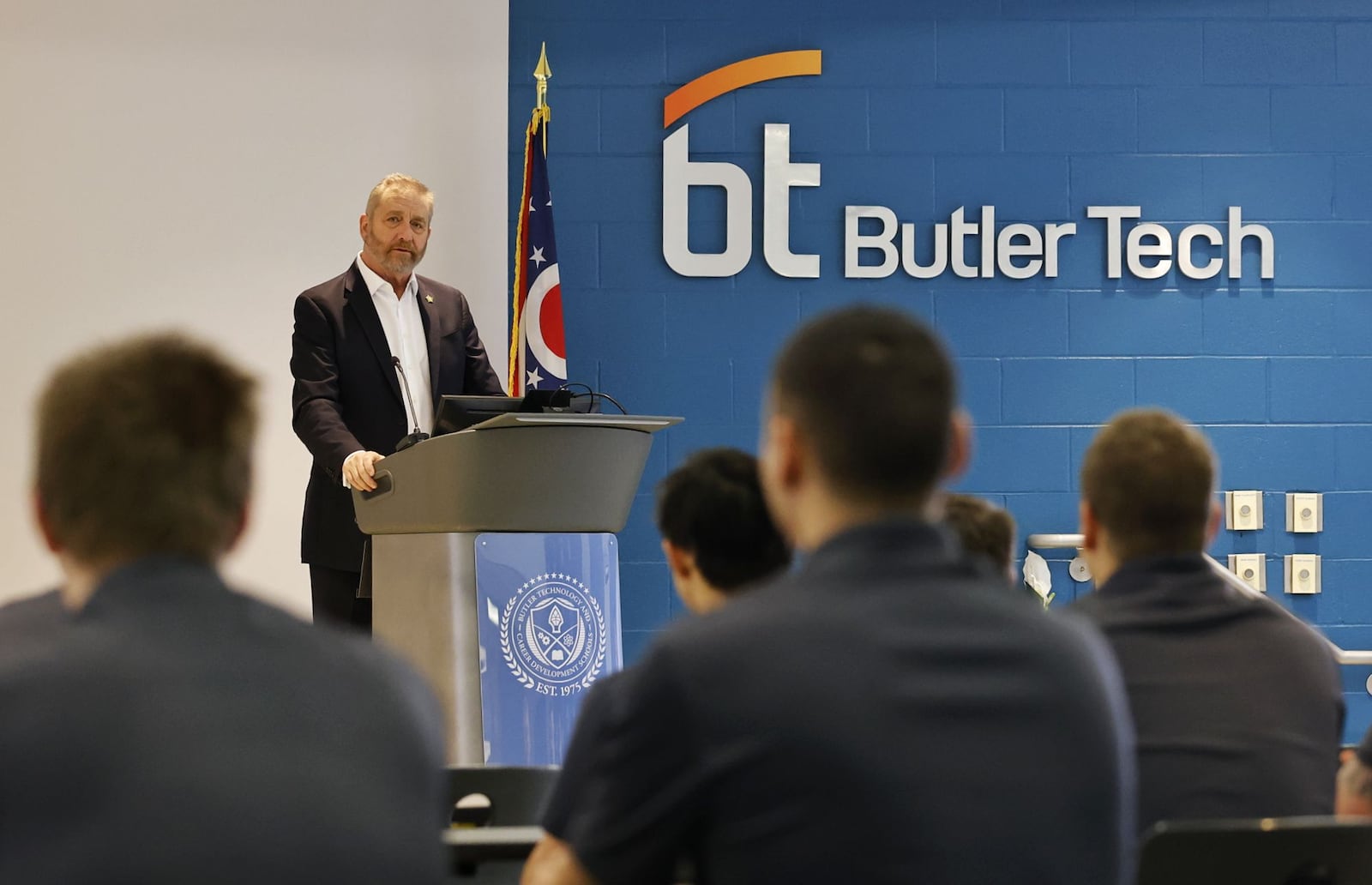 Ohio Attorney General Dave Yost spoke to cadets and honored Butler Tech Police Academy as a STAR Academy Thursday, March 17, 2022. The designation of a STAR Academy is for agencies that are continuously raising the bar, have achieved a higher professional standard of excellence among law enforcement approved by the Ohio Peace Officer Training Academy (OPOTA). NICK GRAHAM/STAFF