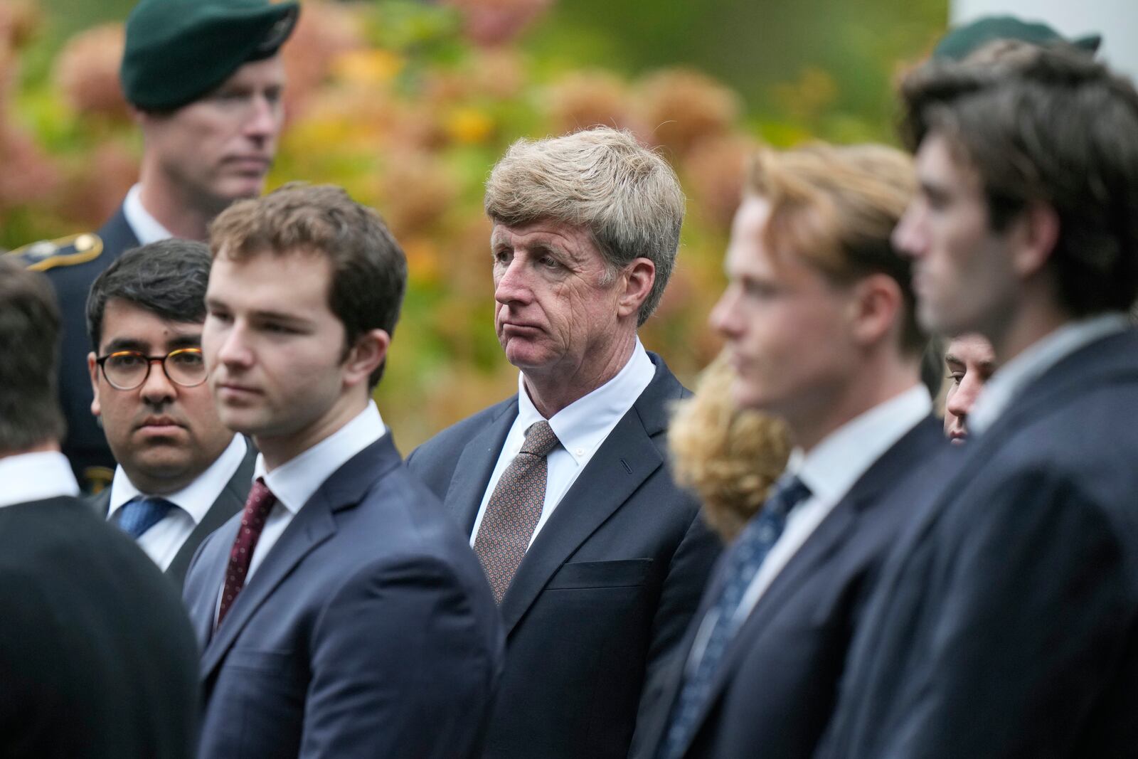 Former U.S. Rep. Patrick Kennedy, center, grandson of the late Ethel Kennedy, departs Our Lady of Victory church following funeral services for Ethel Kennedy, wife of the late Sen. Robert F. Kennedy, Monday, Oct. 14, 2024, in Centerville, Mass. (AP Photo/Steven Senne)