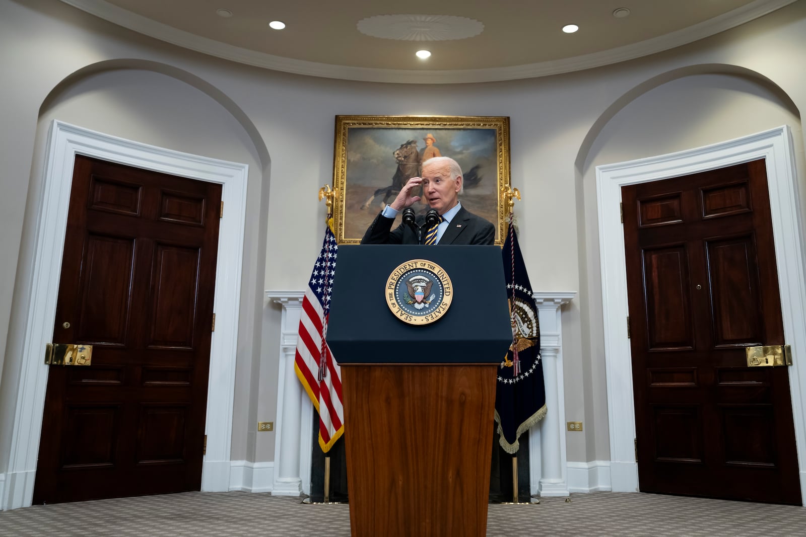 President Joe Biden speaks in the Roosevelt Room at the White House in Washington, Friday, Jan. 10, 2025. (AP Photo/Ben Curtis)