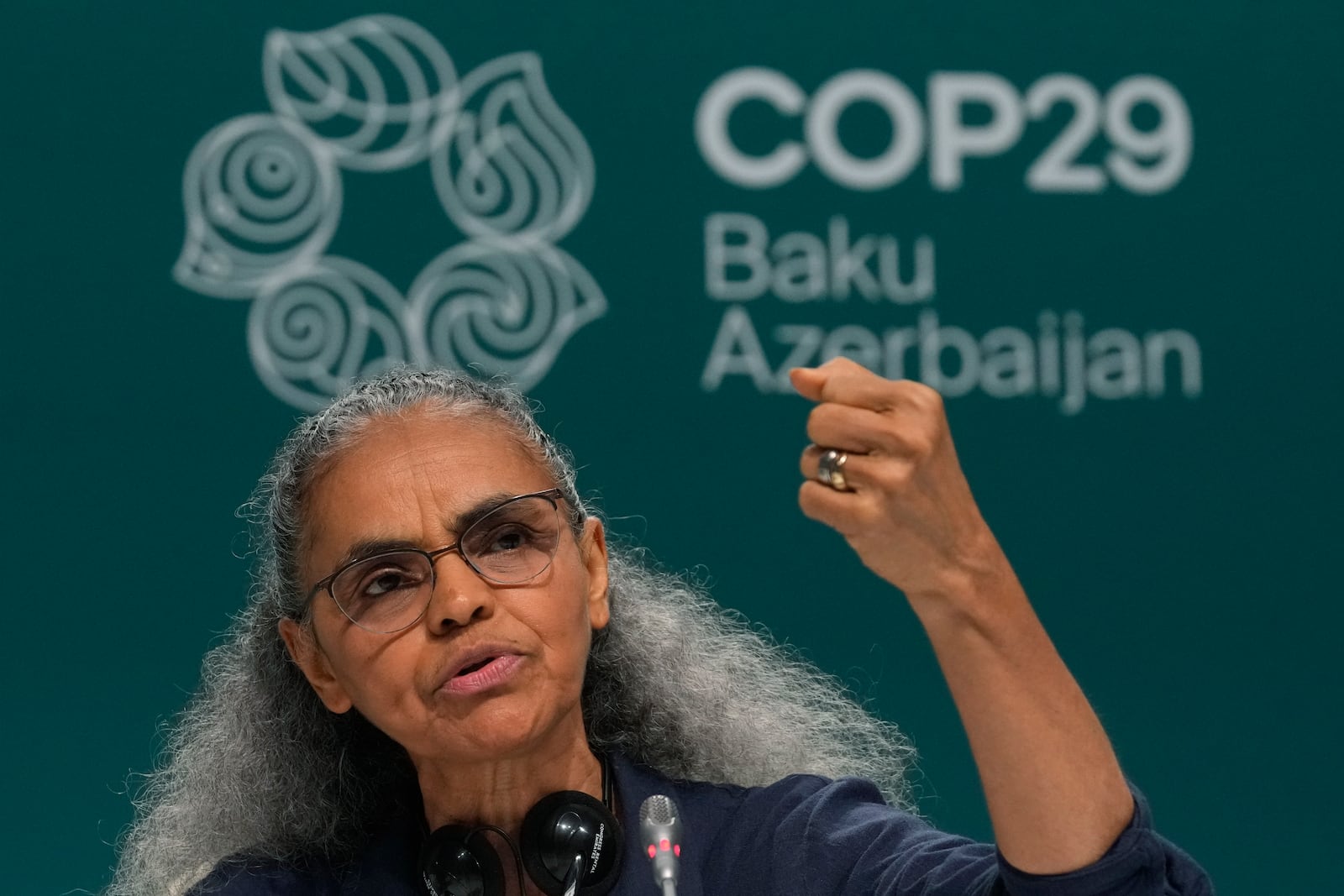 Marina Silva, Brazil environment minister, speaks during a news conference at the COP29 U.N. Climate Summit, Friday, Nov. 22, 2024, in Baku, Azerbaijan. (AP Photo/Rafiq Maqbool)