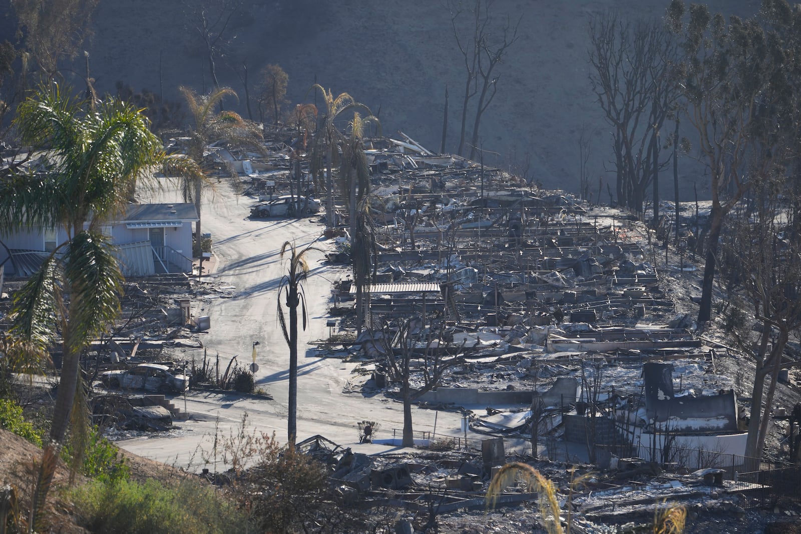 The Pacific Palisades Bowl Mobile Estates destroyed by the Palisades Fire is seen in the Pacific Palisades neighborhood of Los Angeles, Thursday, Jan. 16, 2025. (AP Photo/Damian Dovarganes)