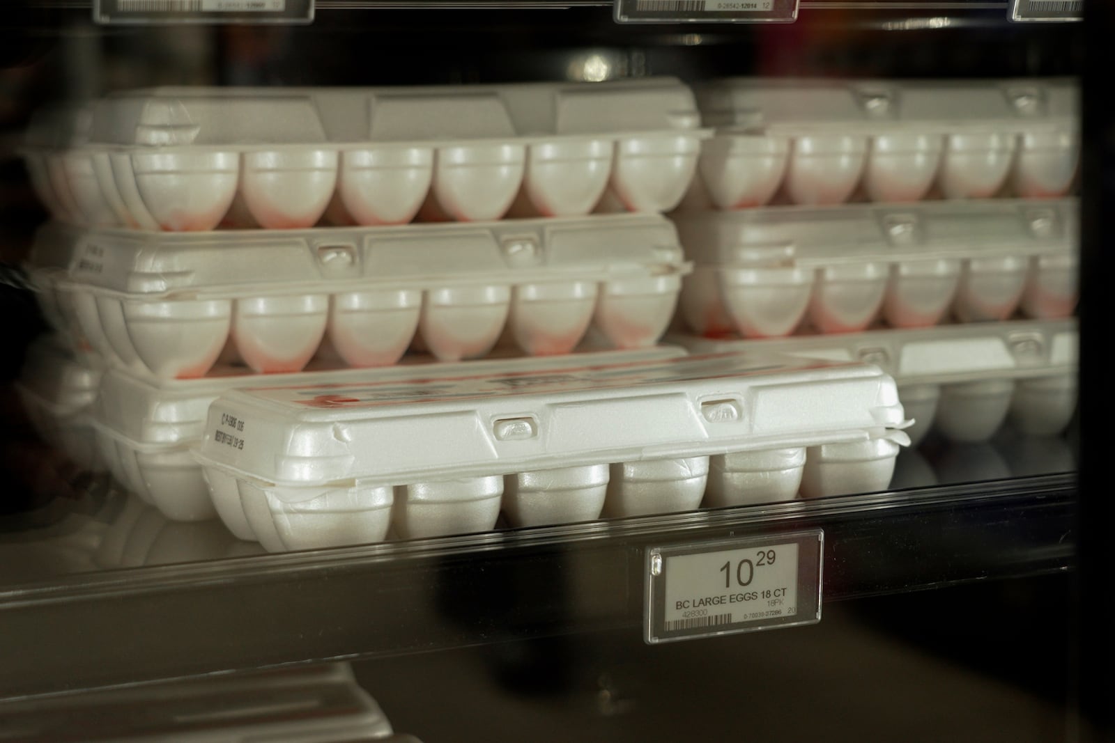 Eggs sit on a shelf at Sentyrz Liqour & Supermarket, where staff say they’ve been receiving only 10 percent of their weekly orders, on Monday, Jan. 27, 2025 in Minneapolis, Minn. (AP Photo/Mark Vancleave)