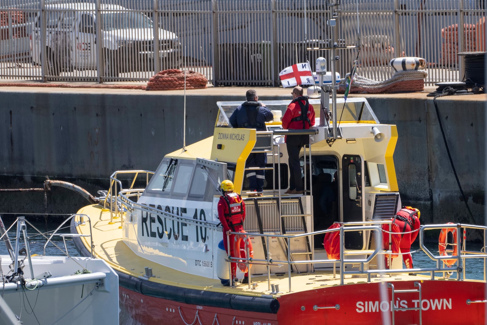 Britain's Prince William sails off with volunteers of the National Sea Rescue Initiative, at Simon's Town harbour near Cape Town, South Africa, Thursday, Nov. 7, 2024. (AP Photo/Jerome Delay, Pool)