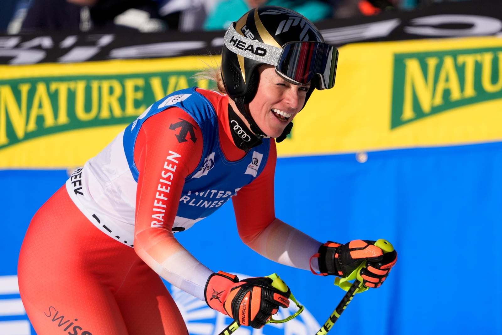 Switzerland's Lara Gut-Behrami reacts after competing in the women's World Cup downhill skiing race, Saturday, Dec. 14, 2024, in Beaver Creek, Colo. (AP Photo/Robert F. Bukaty)