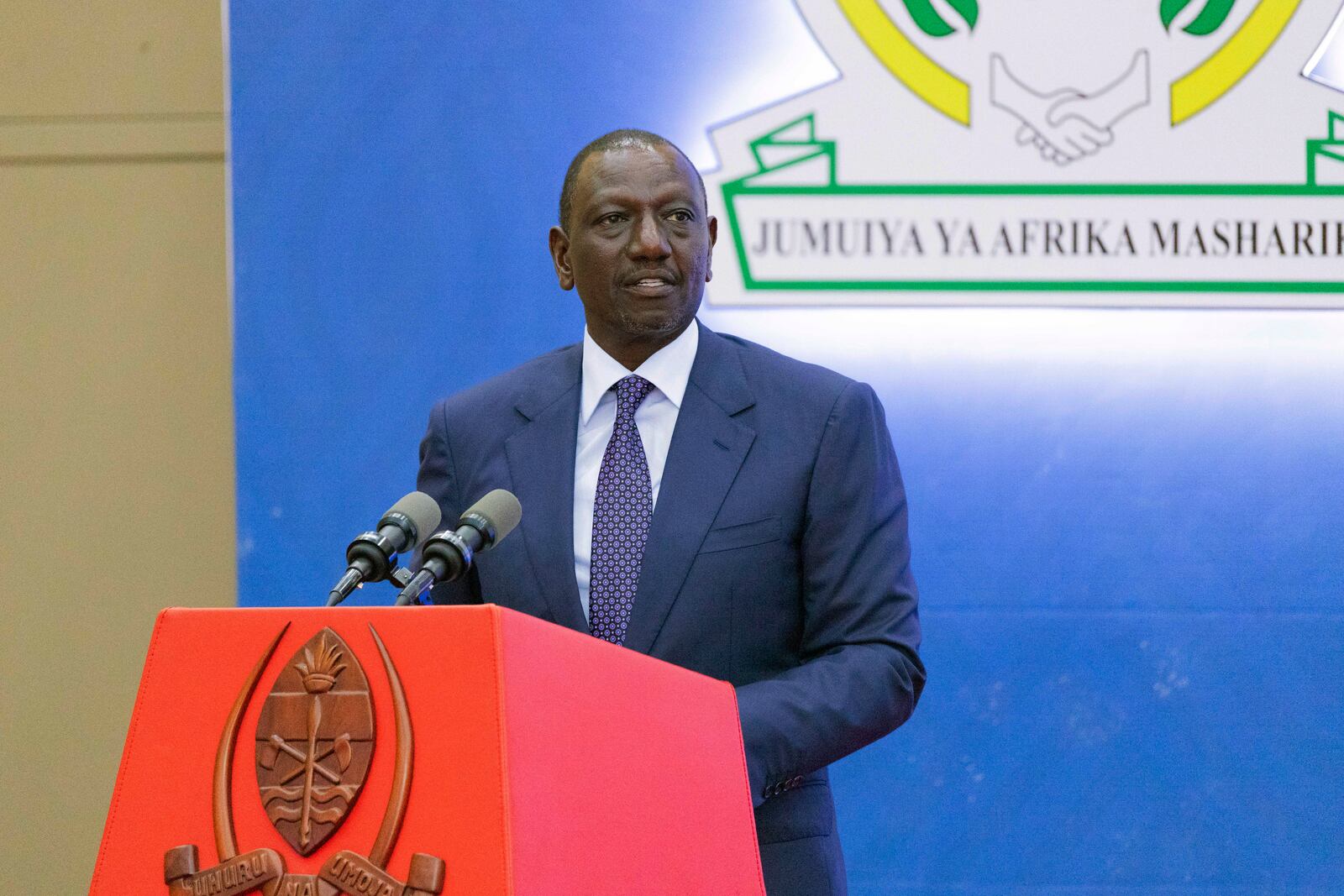 Kenyan President and East African Community (EAC) Chairman William Ruto, speaks during a joint summit to address conflict in Eastern Democratic Republic of Congo, hosted by the Southern African Development Community (SADC) and the East Africa Community (EAC) in Dar es Salaam, Tanzania Saturday, Feb. 8, 2025. (AP Photo/Elia Yunga)