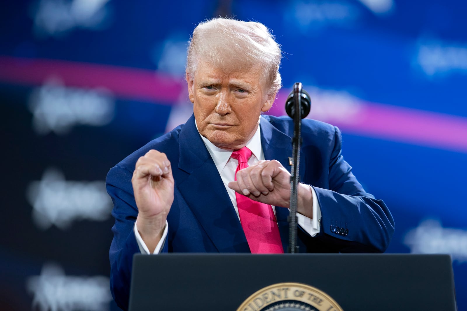 President Donald Trump dances as he speaks at the Conservative Political Action Conference, CPAC, at the Gaylord National Resort & Convention Center, Saturday, Feb. 22, 2025, in Oxon Hill, Md. (AP Photo/Jose Luis Magana)