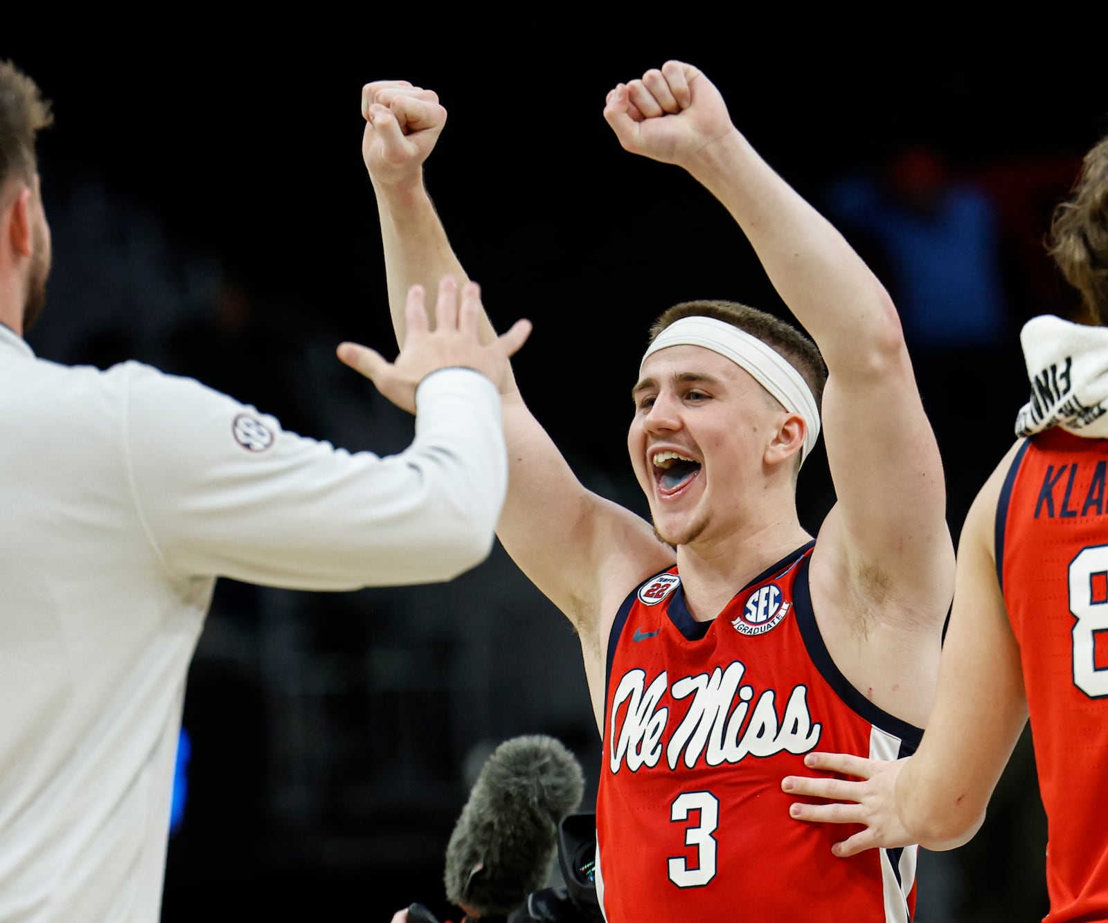 Mississippi guard Sean Pedulla (3) reacts against Iowa State in the second half in the second round of the NCAA college basketball tournament Sunday, March 23, 2025, in Milwaukee. (AP Photo/Jeffrey Phelps)