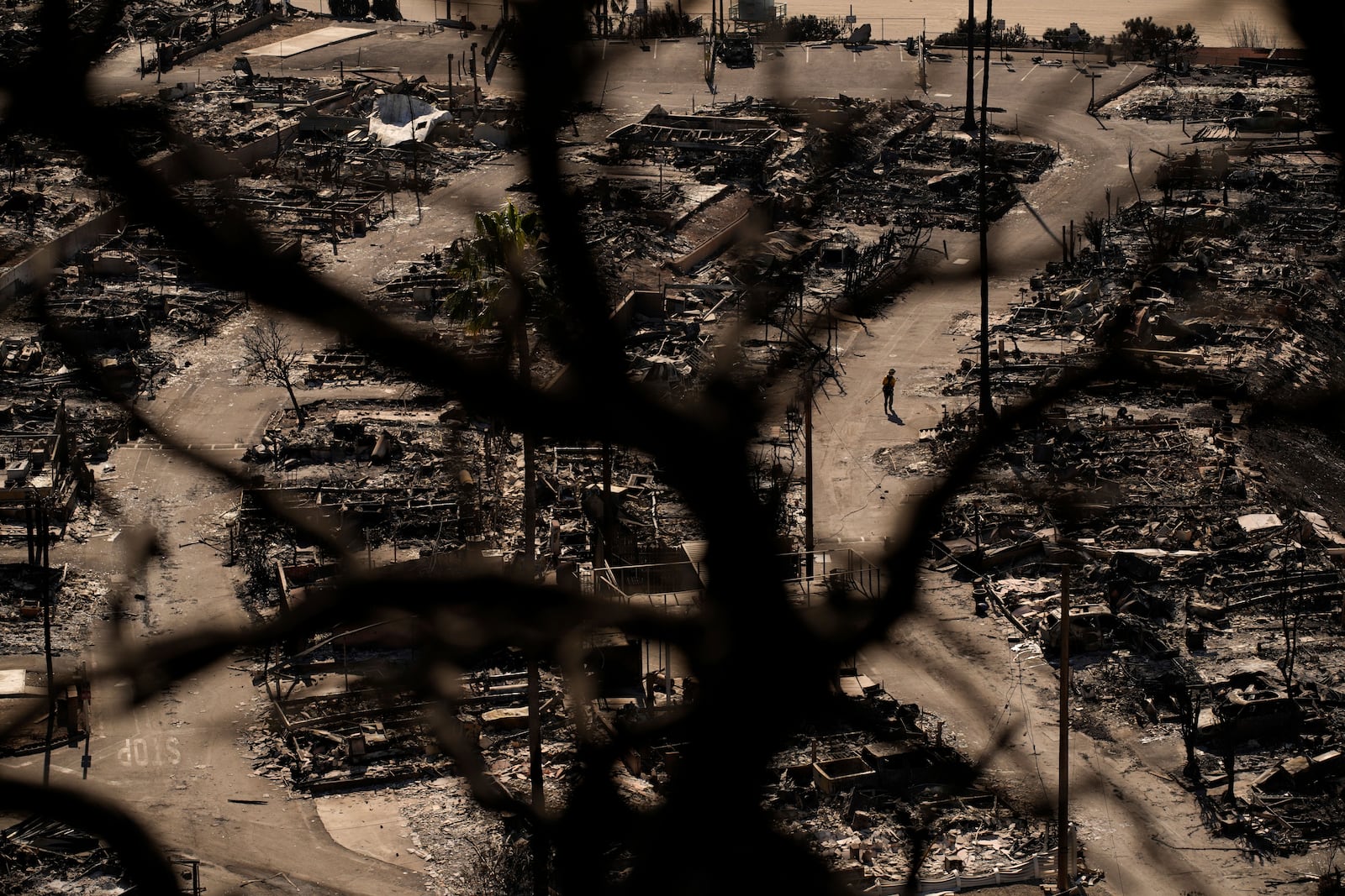 A person walks along a road in a fire-ravaged community in the aftermath of the Palisades Fire in the Pacific Palisades neighborhood of Los Angeles, Monday, Jan. 13, 2025. (AP Photo/John Locher)