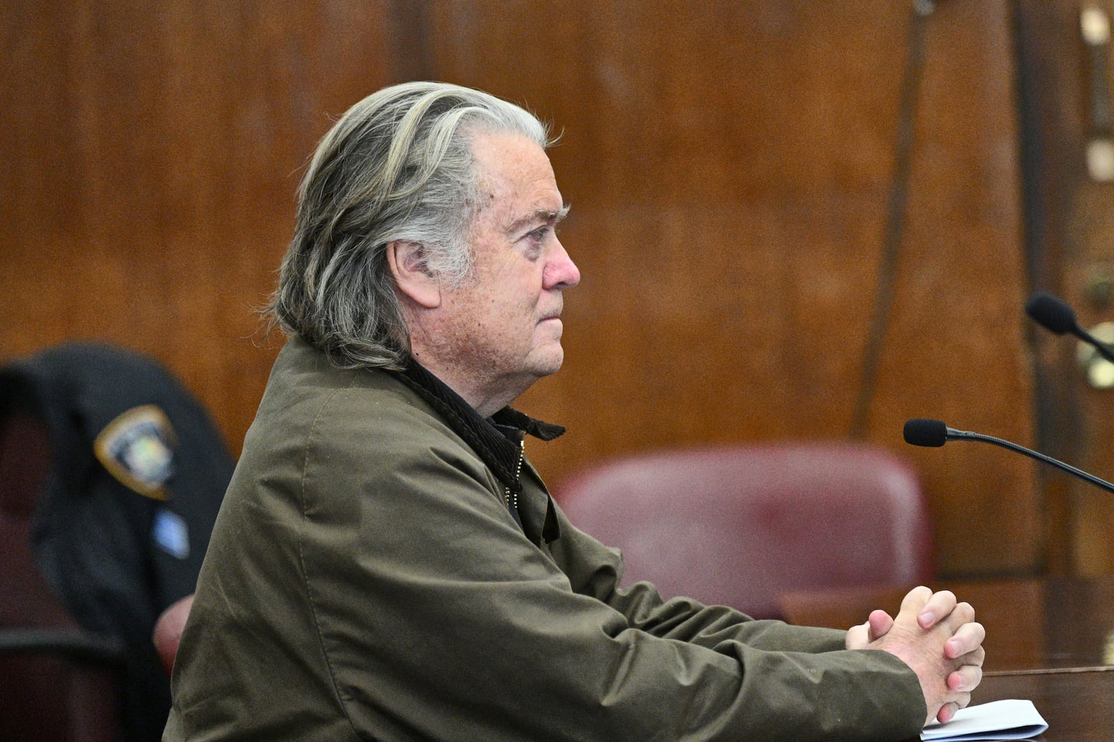 Steve Bannon pleads guilty to a fraud charge related to the “We Build the Wall" scheme, Tuesday, Feb. 11, 2025, at the state court in New York. (Curtis Means/Pool Photo via AP)