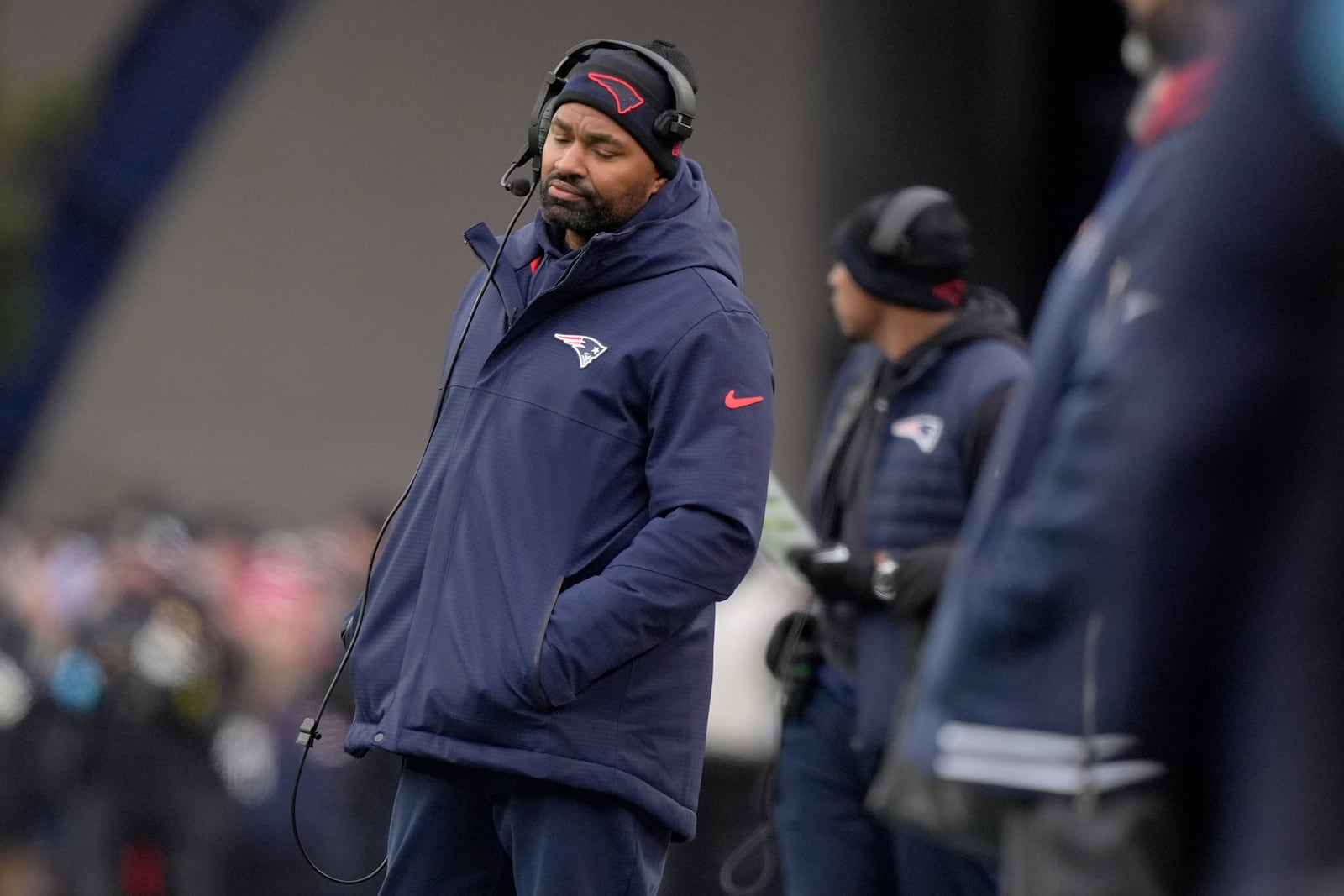 New England Patriots head coach Jerod Mayo on the sideline during the first half of an NFL football game against the Buffalo Bills, Sunday, Jan. 5, 2025, in Foxborough, Mass. (AP Photo/Robert F. Bukaty)