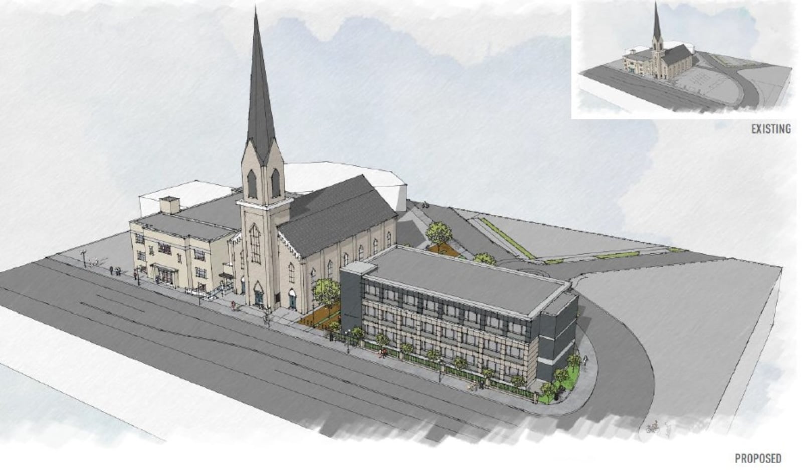 A proposed rendering of a new three-story boutique hotel building on Wayne Avenue, just north of St. Paul church and parish. A developer hopes to turn the parish and church into new uses, including hotel rooms, event space and a restaurant. CONTRIBUED