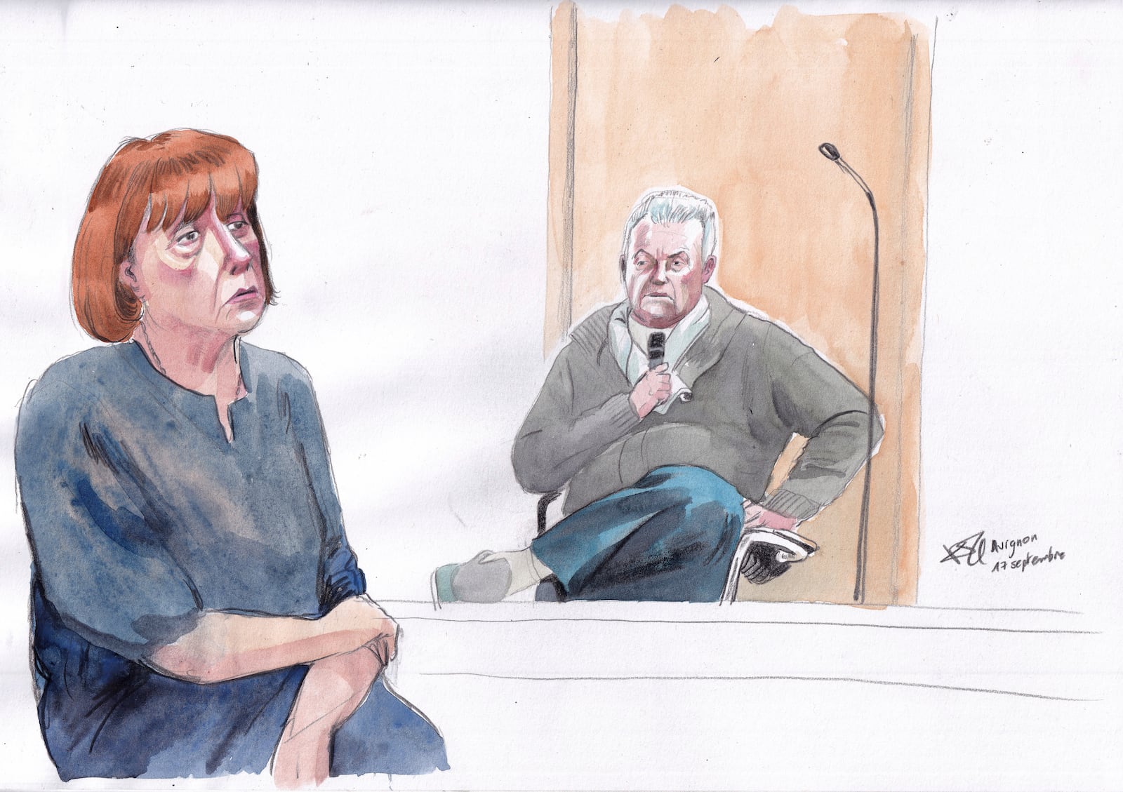 FILE - This courtroom sketch by Valentin Pasquier shows Gisèle Pelicot, left, and her ex-husband Dominique Pelicot, right, during his trial at the courthouse in Avignon, southern France, on Sept. 17, 2024. (AP Photo/Valentin Pasquier, File)