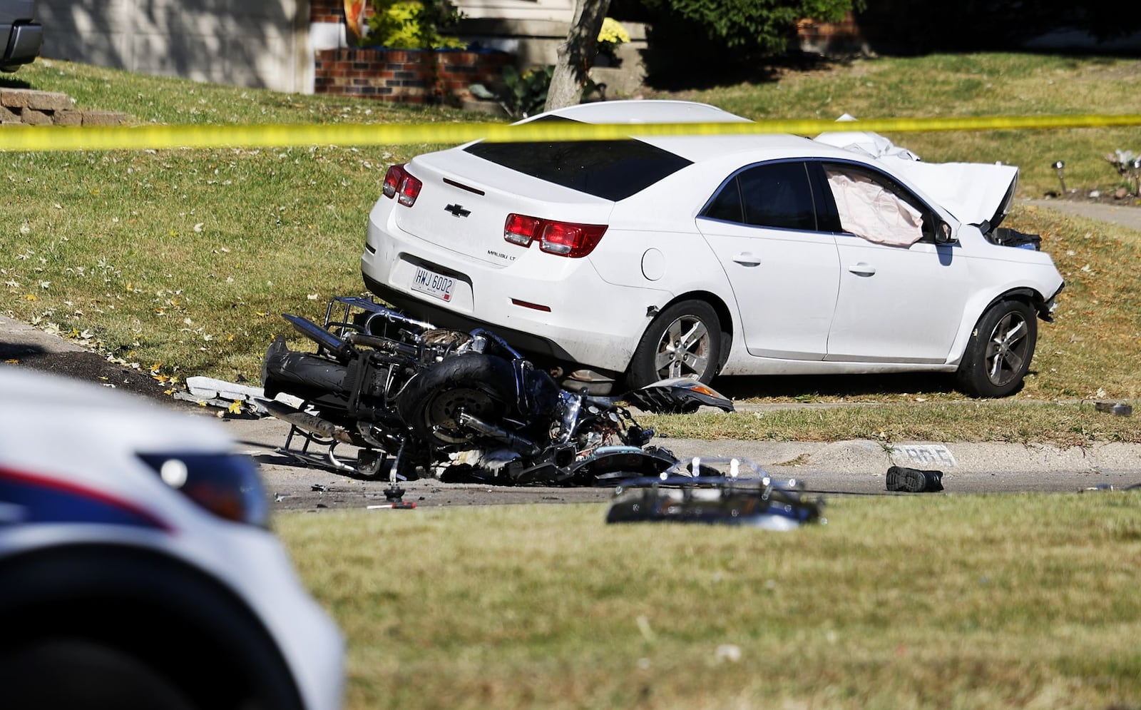 A white sedan was involved in a crash with a motorcycle on Roosevelt Boulevard in Middletown around 3 p.m. Saturday, Oct. 8, 2022. NICK GRAHAM/STAFF