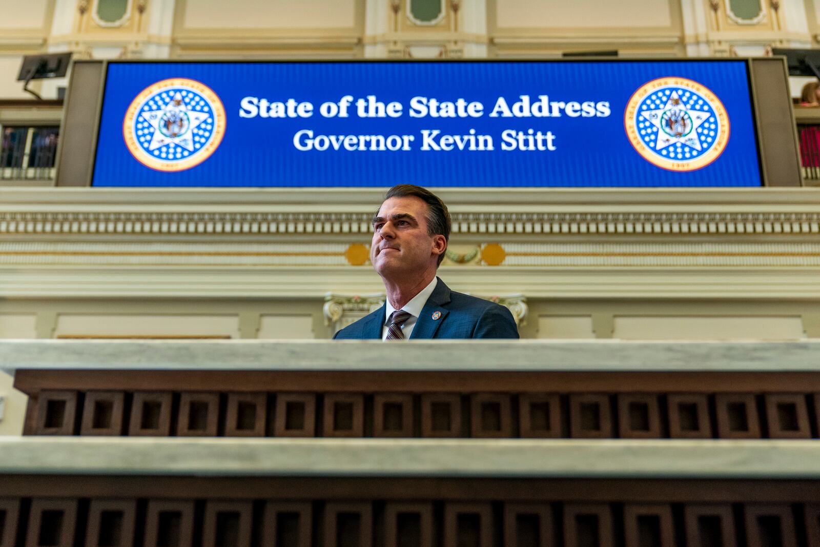 FILE - Oklahoma Gov. Kevin Stitt delivers his State of the State address at the Oklahoma State Capitol in Oklahoma City, on Feb. 5, 2024. (AP Photo/Nick Oxford, File)