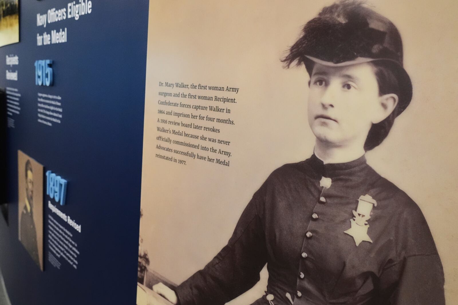 A detailed view of an image of Civil War era Medal of Honor recipient Dr. Mary Walker is on display at the National Medal of Honor Museum in Arlington, Texas, Thursday, March 13, 2025. (AP Photo/Tony Gutierrez)