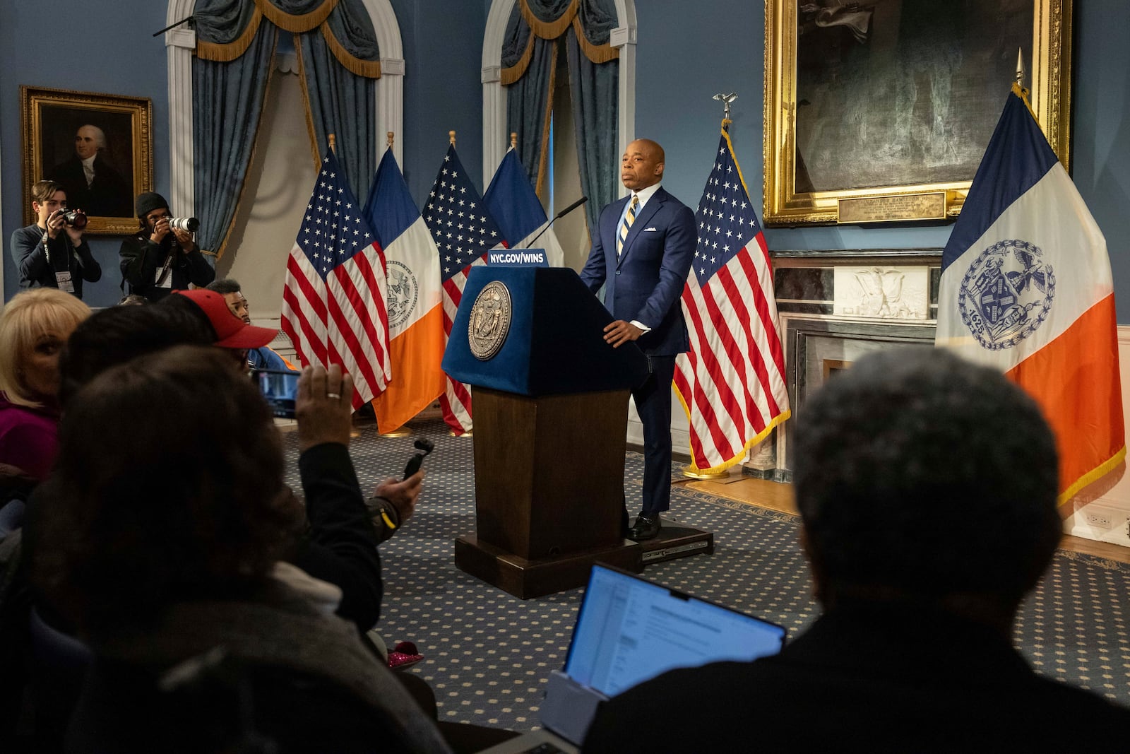 New York City Mayor Eric Adams speaks during a press conference at City Hall following a meeting with President-elect Donald Trump’s incoming "border czar" Tom Homan, Thursday, Dec. 12, 2024, in New York. (AP Photo/Yuki Iwamura)