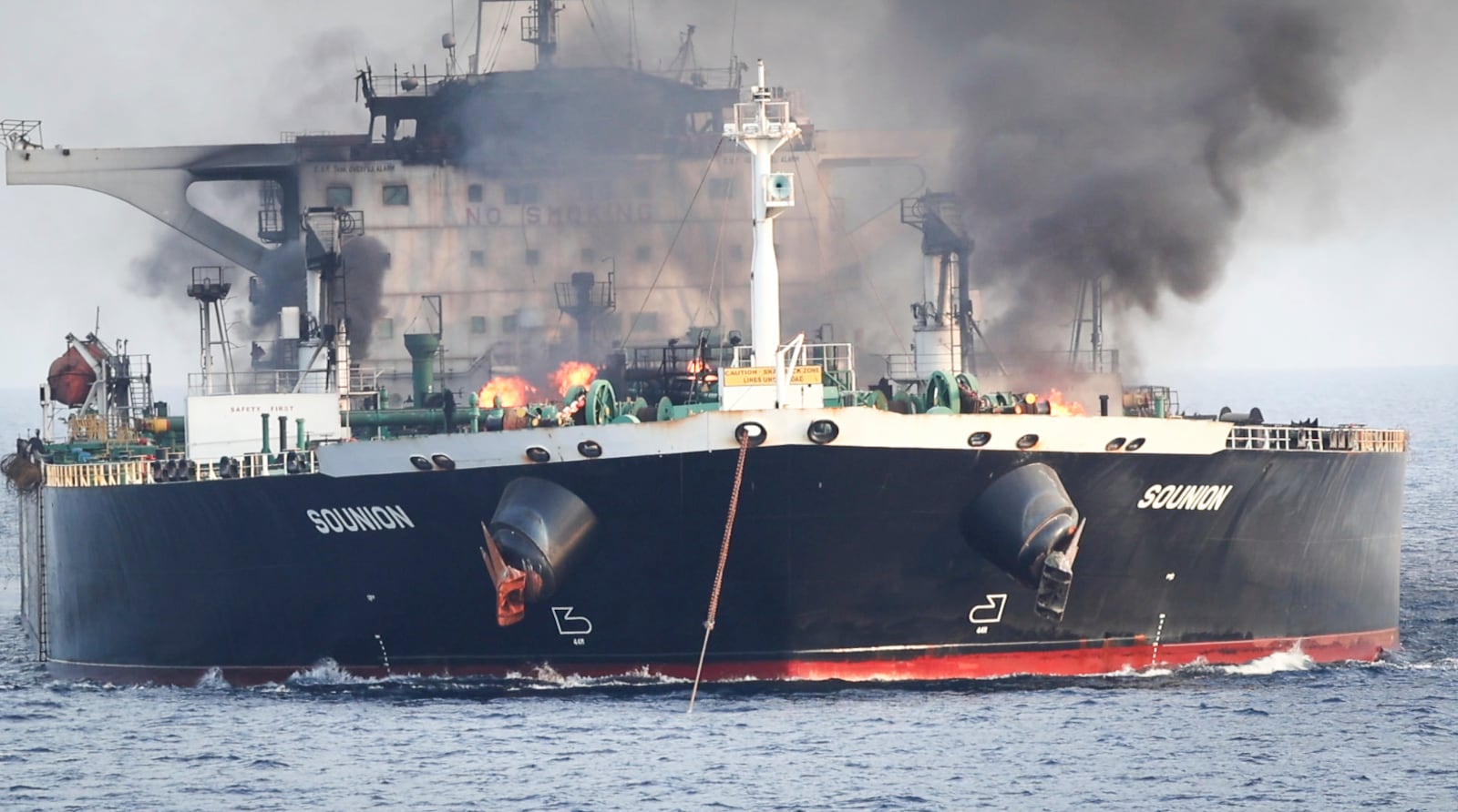 This undated photo released by the private security firm Ambrey shows the oil tanker Sounion burning in the Red Sea. (Ambrey via AP)