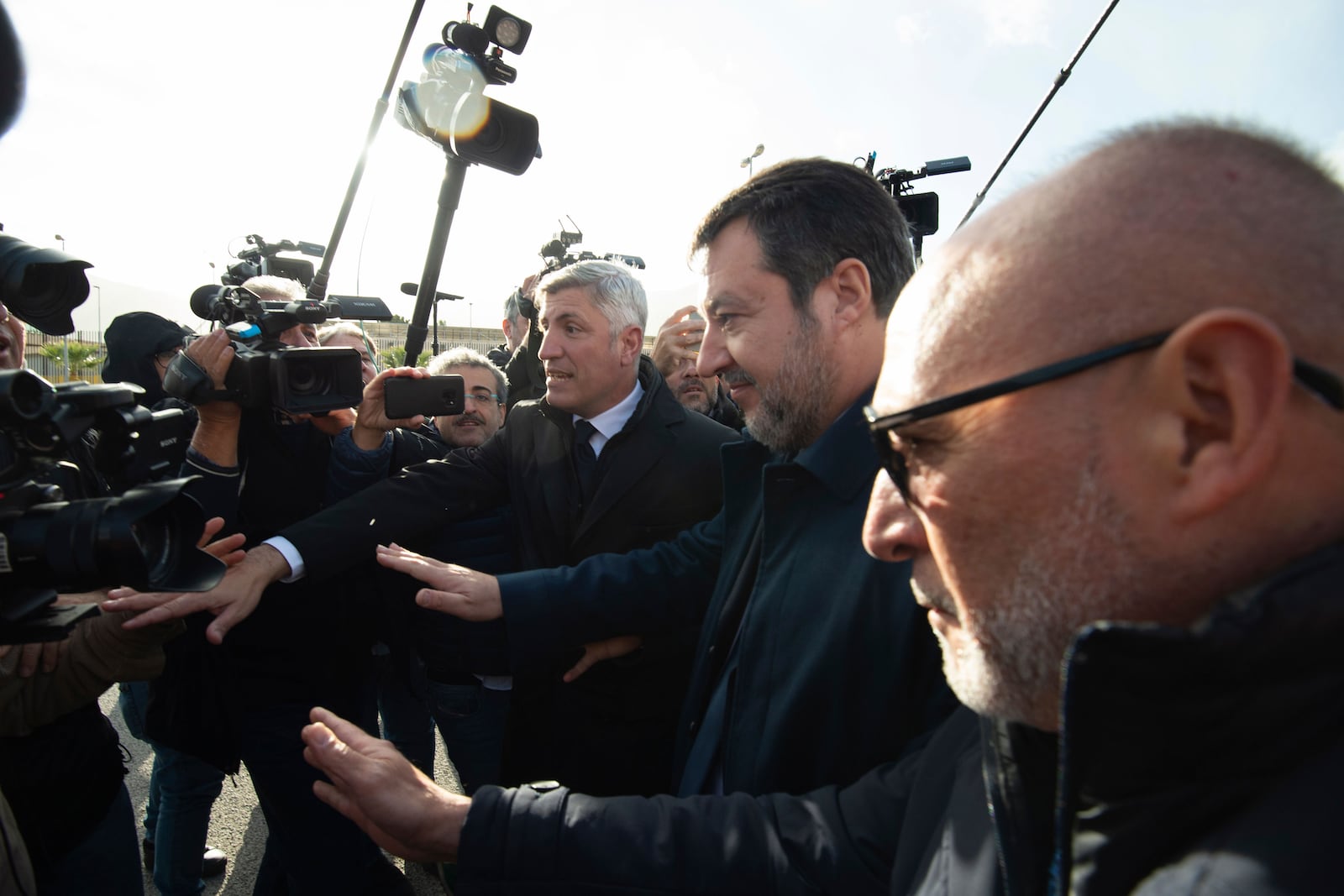 Italy's deputy premier, Matteo Salvini, arrives at the Palermo's court Friday Dec. 20, 2024 as he awaits a verdict for preventing some 100 migrants from disembarking a rescue boat in 2019 when he was interior minister. (AP Photo/Salvatore Cavalli)