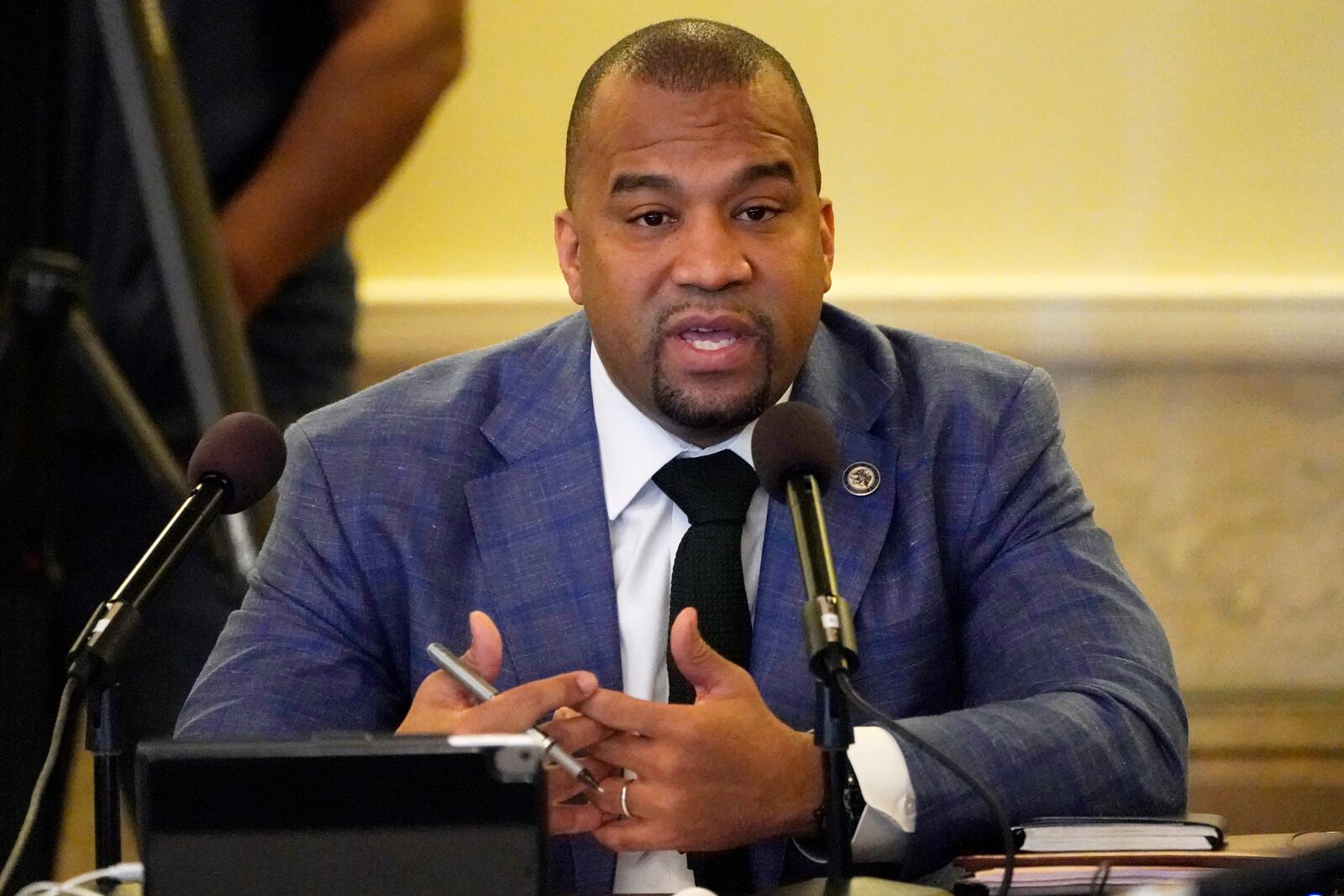 FILE - Hinds County District Attorney Jody Owens speaks about how the Mississippi Legislature has funded additional assistants for district attorneys in other parts of the state but not for Hinds County, at a Jackson Delegation Legislative Hearing at the Capitol in Jackson, Monday, March 6, 2023. (AP Photo/Rogelio V. Solis, File)