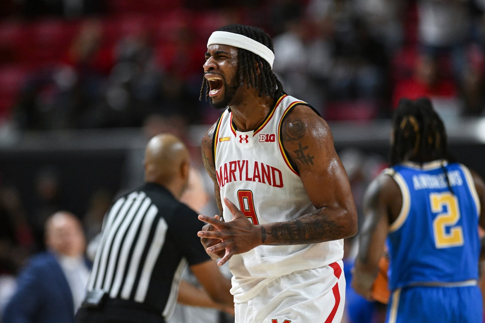 Maryland guard Selton Miguel (9) celebrates his made basket during the second half of an NCAA college basketball game against UCLA, Friday, Jan. 10, 2025, in College Park, Md. (AP Photo/Terrance Williams)