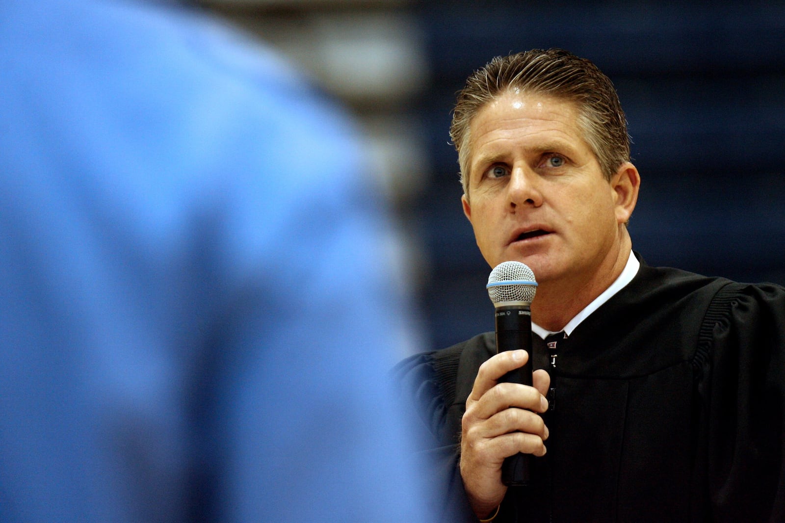 Butler County Common Pleas Judge Craig Hedric imposing a “sentence” during a mock trial at Hamilton High School in 2011. STAFF PHOTO