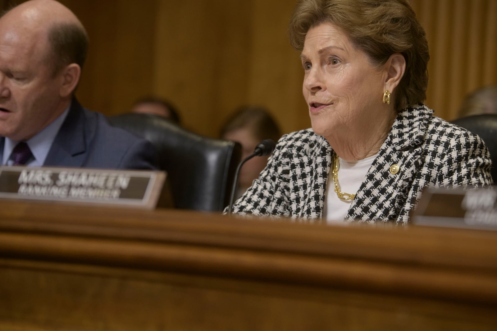 Senate Committee on Foreign Relations Ranking Member Jeanne Shaheen, D-N.H., questions Rep. Elise Stefanik, R-N.Y., President-elect Donald Trump's nominee to be the Representative of the United States of America to the United Nations, with the rank and status of Ambassador, and the Representative of the United States of America in the Security Council of the United Nations and the Representative of the United States of America to the Sessions of the General Assembly of the United Nations, during her tenure of service as Representative of the United States of America to the United Nations, as she testifies during a Senate Committee on Foreign Relations hearing for her pending confirmation on Capitol Hill, Tuesday, Jan. 21, 2025, in Washington. (AP Photo/Rod Lamkey, Jr.)